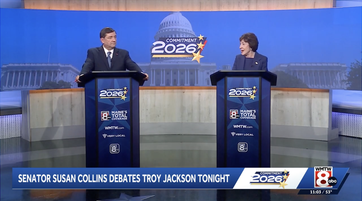 U.S. Sen. Susan Collins (R-Maine) and her Democratic challenger, Troy Jackson, face off in Westbrook, Maine, last night. Screenshot: WMTW-TV