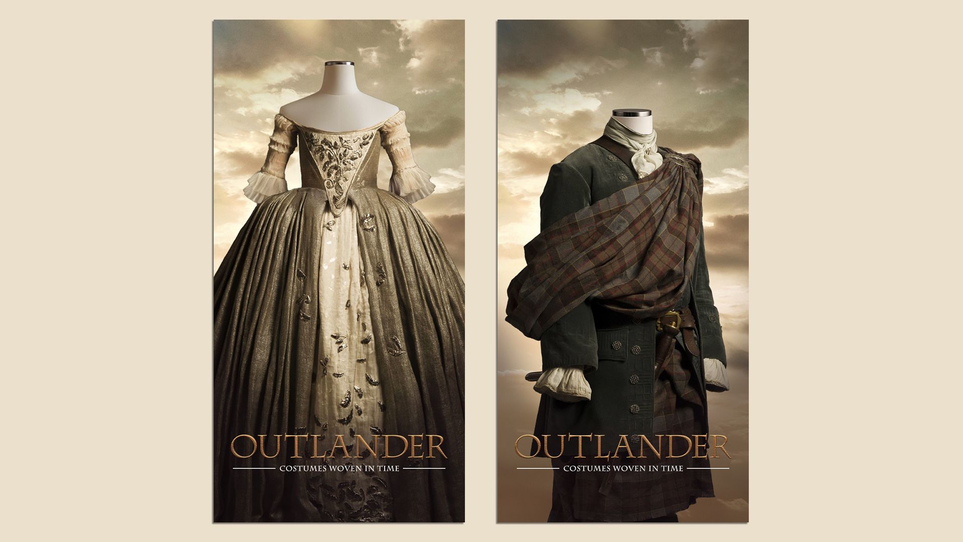 Two "Outlander" posters showing costumes: left ivory and gold off-shoulder gown on a mannequin; right green coat with a plaid sash, against a cloudy sunset backdrop.