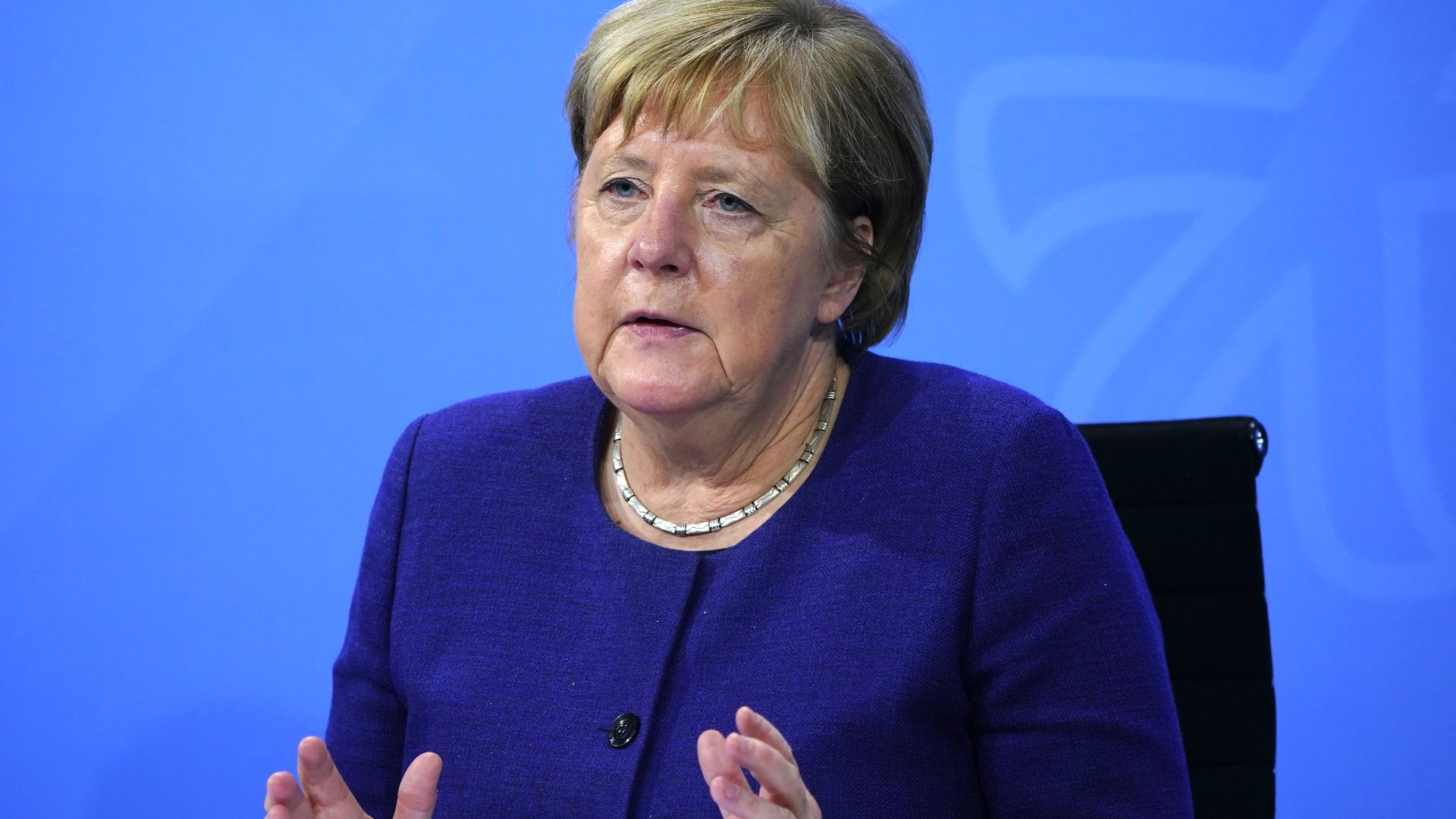Chancellor Angela Merkel after a meeting between German State Premiers and acting Chancellor on the occasion of the current coronavirus situation, at the Chancellery on Nov. 18, 2021.