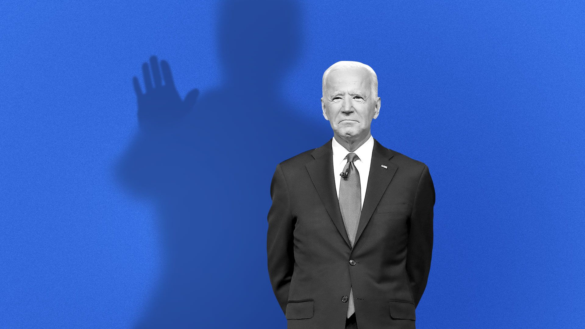 Illustration of Joe Biden with a shadow behind him reaching its hand out