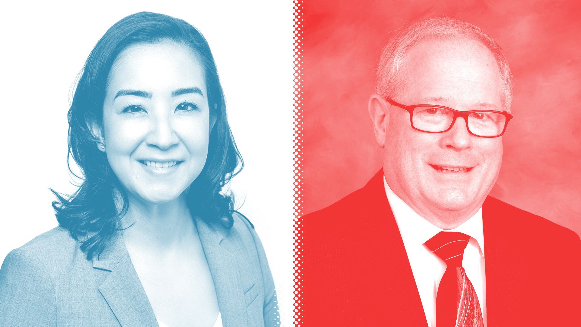 Photo illustration of Catherine Pozniak tinted blue, and David Chastain, tinted red, divided by a halftone line