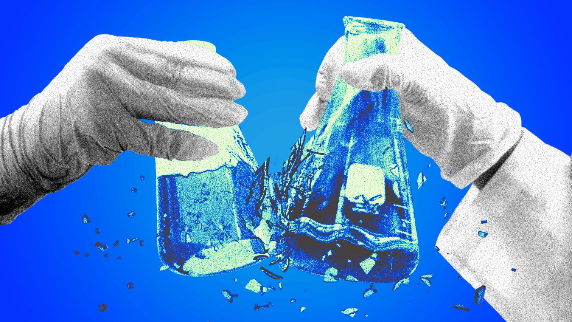 Illustration of two hands wearing rubber gloves clinking erlenmeyer flasks so hard they are shattering.