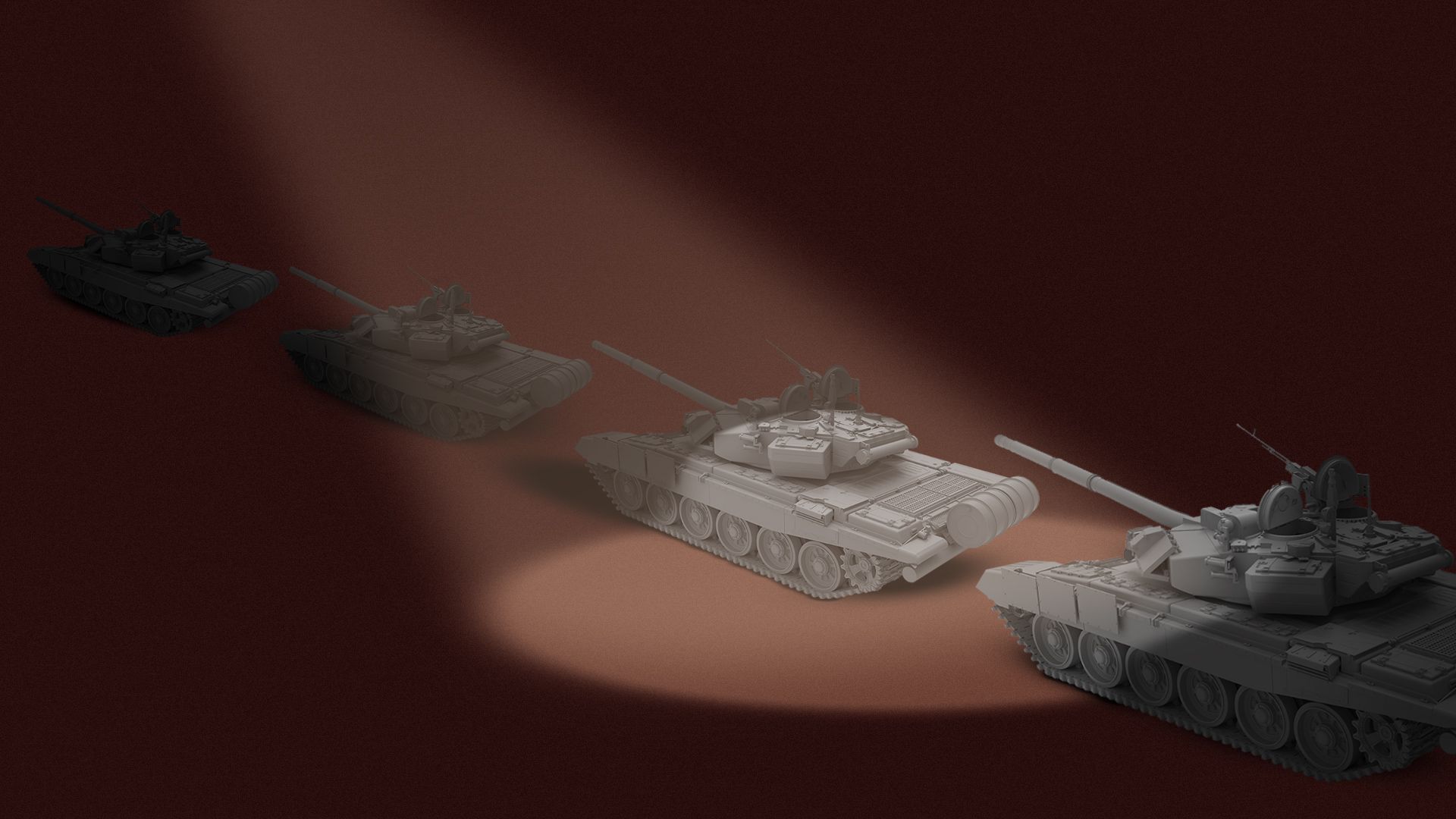 Illustration of a line of tanks driving away with a spotlight shining over them.