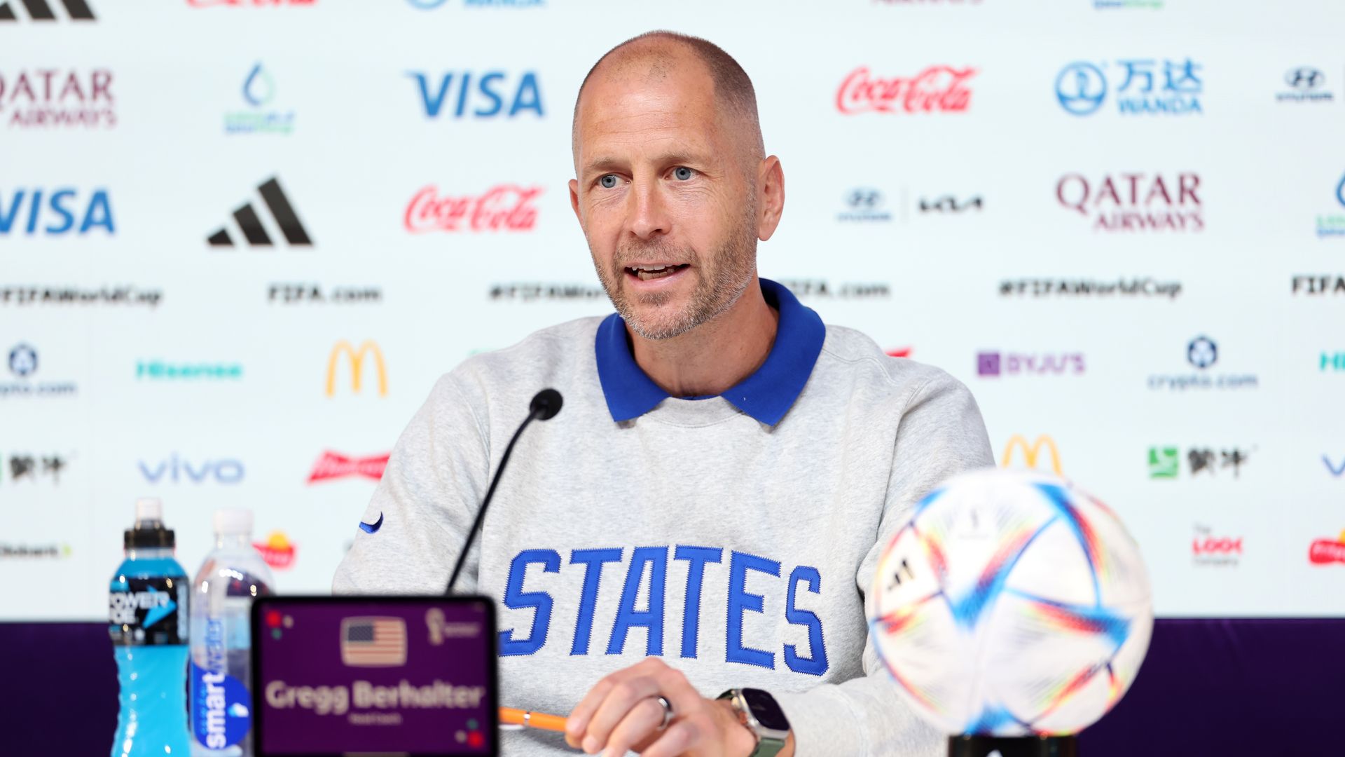 Gregg Berhalter at a press conference in Doha