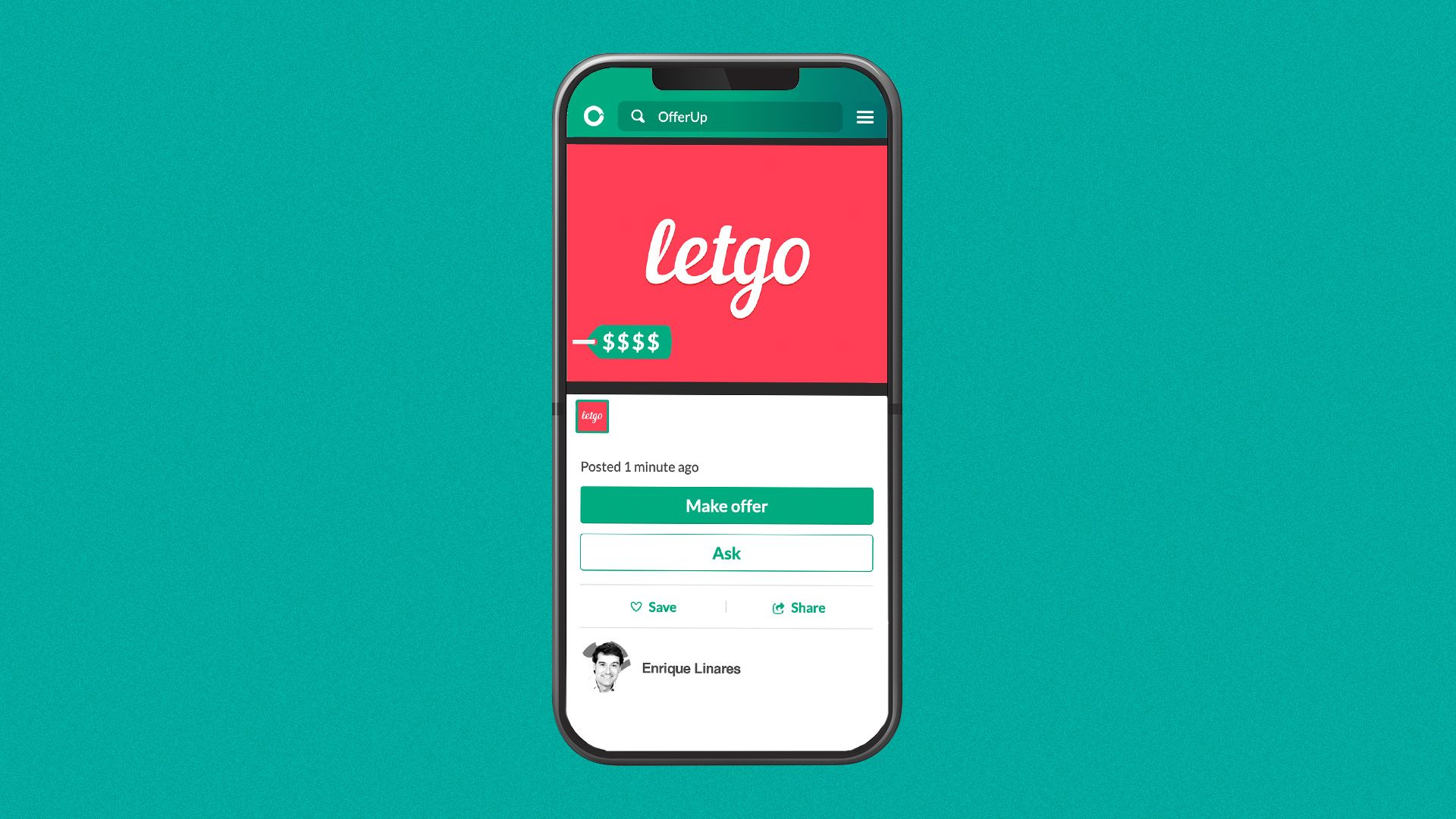Illustration of Letgo for sale in the Offerup app.