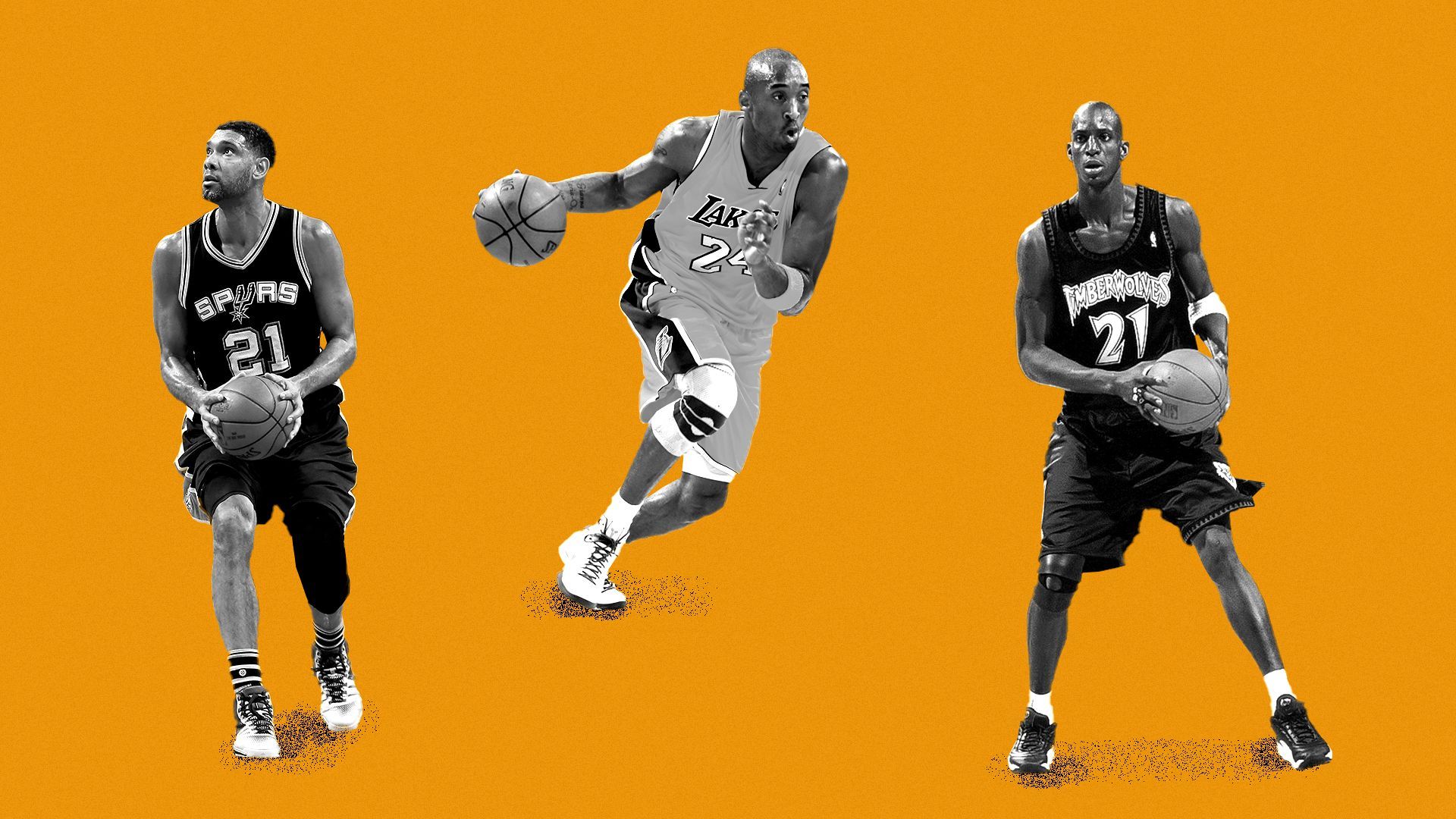Photo collage of Tim Duncan, Kevin Garnett and Kobe Bryant