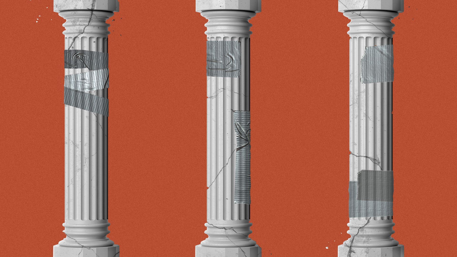 Illustration of crumbling columns with duct tape holding them together. 