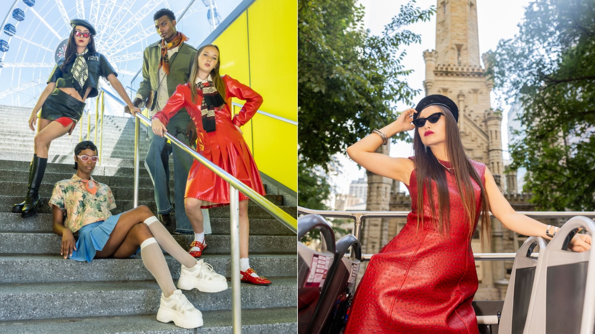 Left: Four models in vibrant, trendy outfits pose on urban stairs with a yellow wall at Navy Pier Ferris wheel backdrop. Right: Woman in red leather dress, black beret, sunglasses poses on bus with Chicago Water Tower in background.