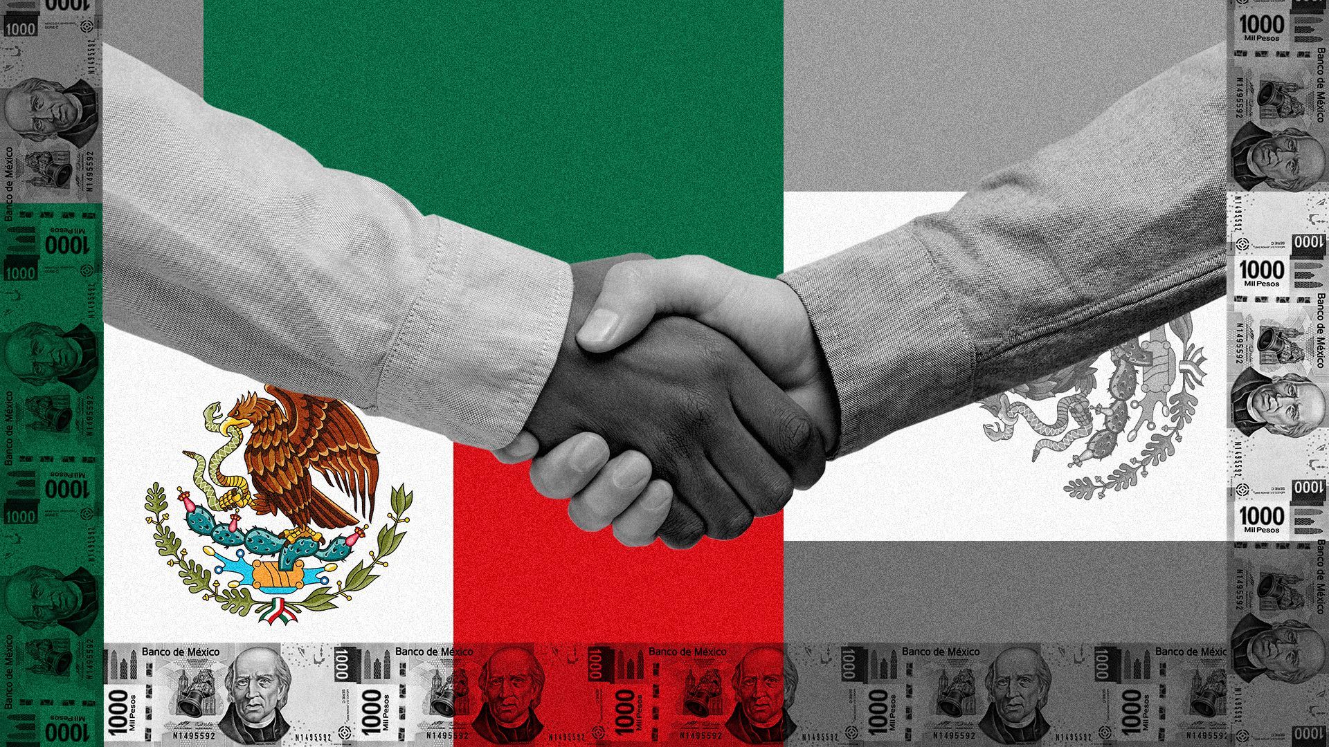 Illustration of a handshake between two people in front of a background designed with a graphic Mexican flag pattern, surrounded by a Mexican peso border.