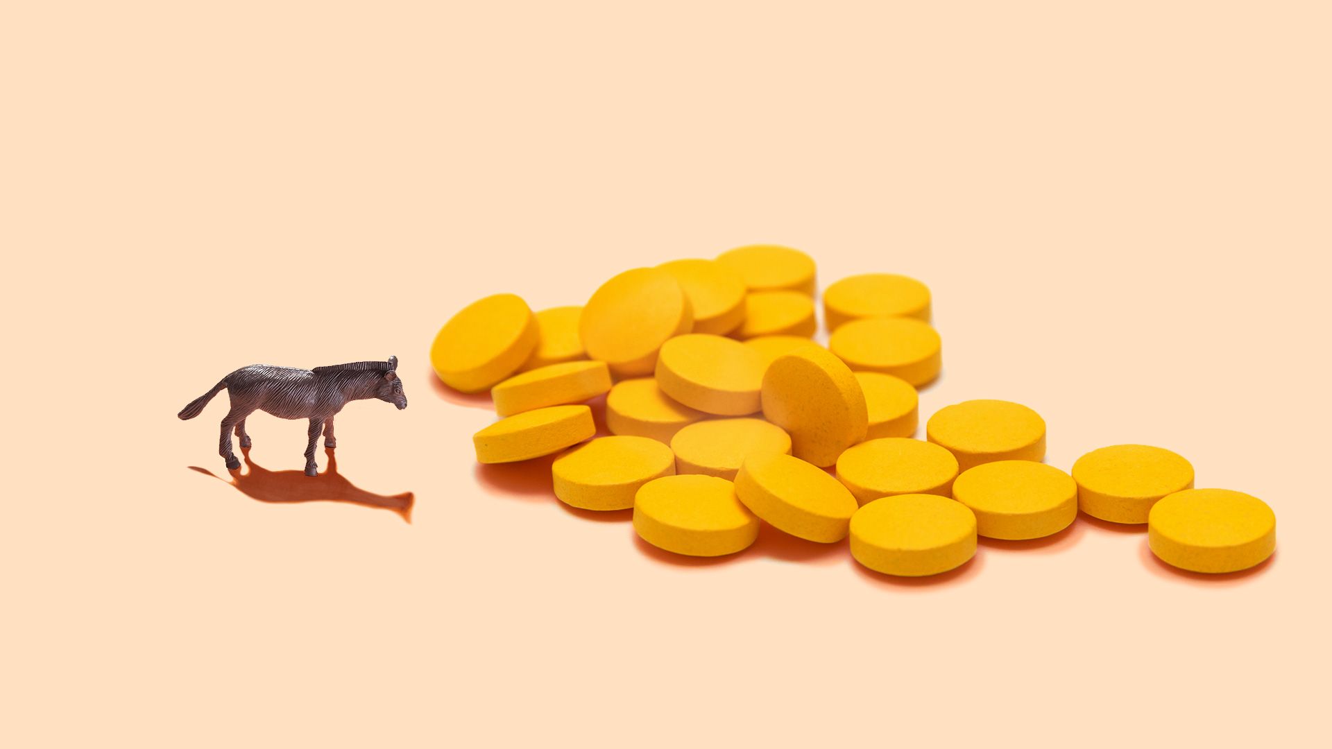Illustration of a miniature toy donkey next to a large pile of pills. 