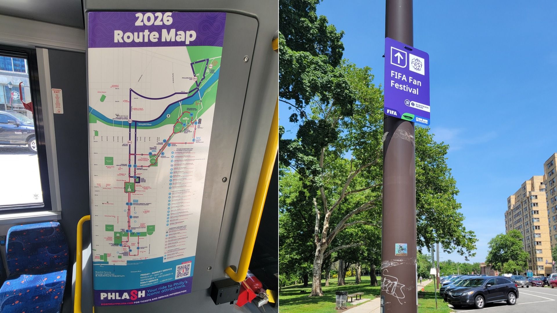 Bus interior shows a large purple "2026 Route Map" poster with a colorful transit map; outside, a lamppost displays a purple "FIFA Fan Festival" sign under a blue sky.