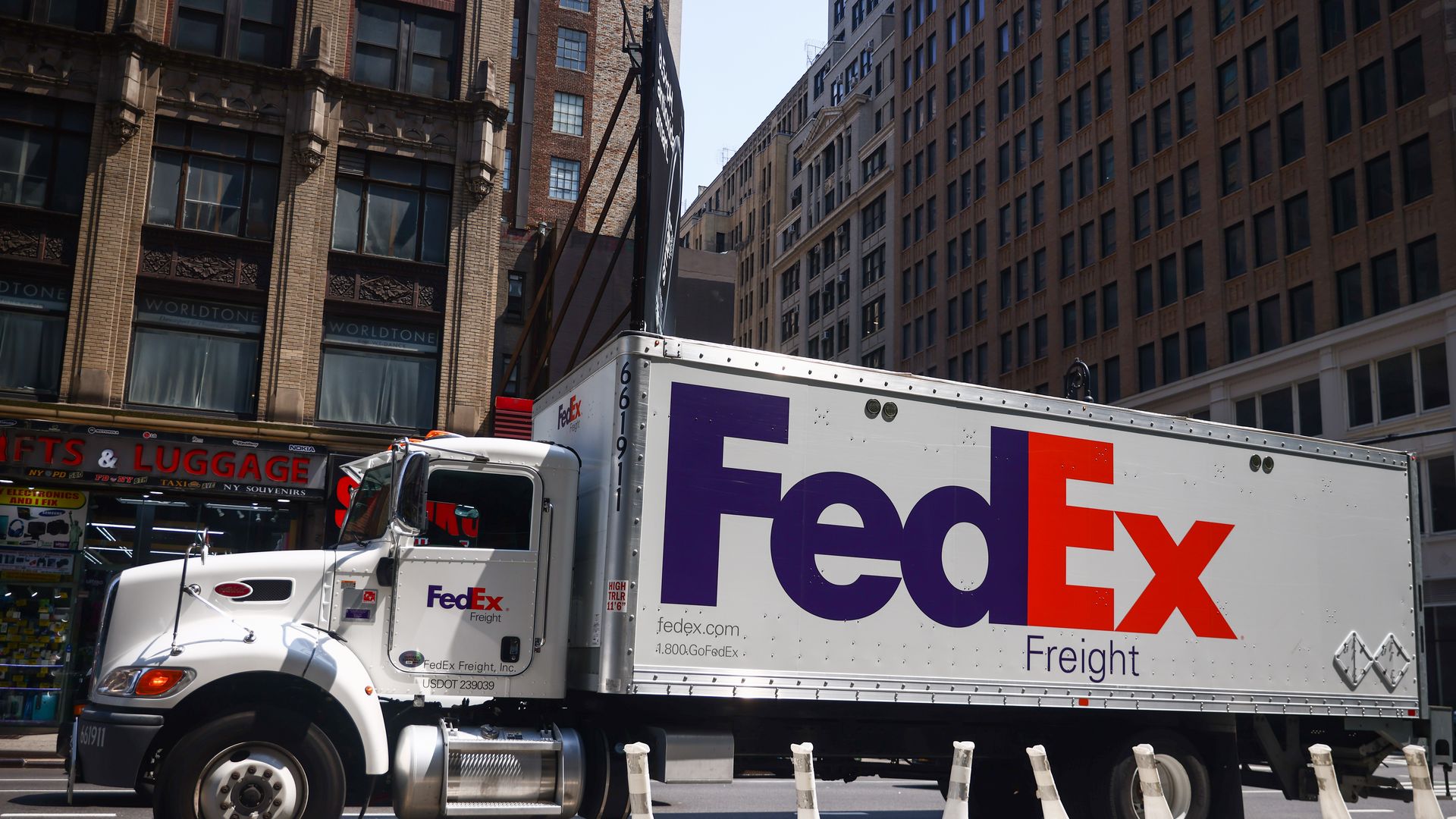 A FedEx Freight truck on a street in Manhattan on July 16, 2024.