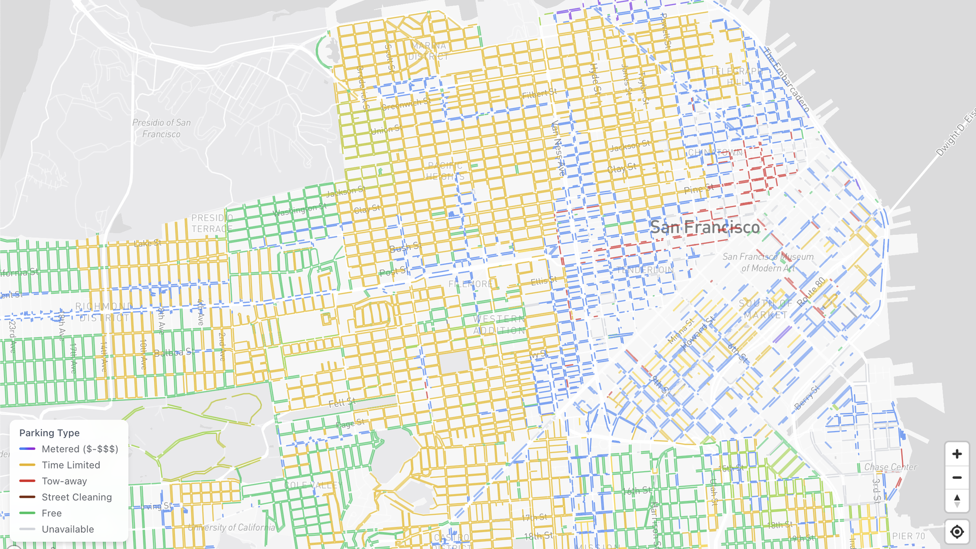San Francisco map with a dense grid of colored parking lines (yellow, blue, green, orange, red) indicating types: metered, time-limited, tow-away, free, unavailable; legend at bottom-left.