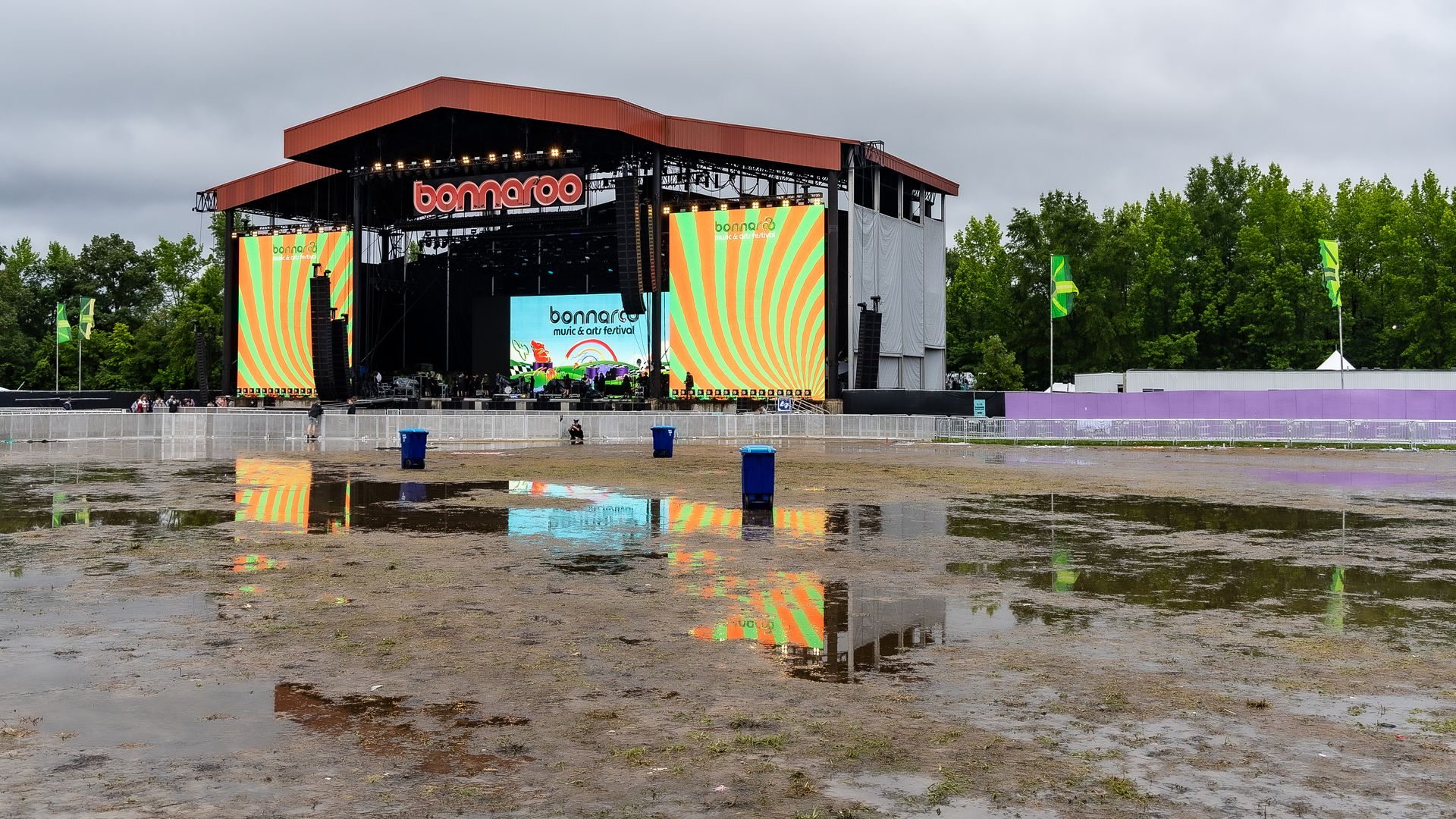 MANCHESTER, TENNESSEE - JUNE 14: A general view of atmosphere after severe weather with intense rain, wind and lightning caused safety evacuations and a halt to performances for several hours before resuming on Sunday afternoon during the 2026 Bonnaroo Music And Arts Festival
