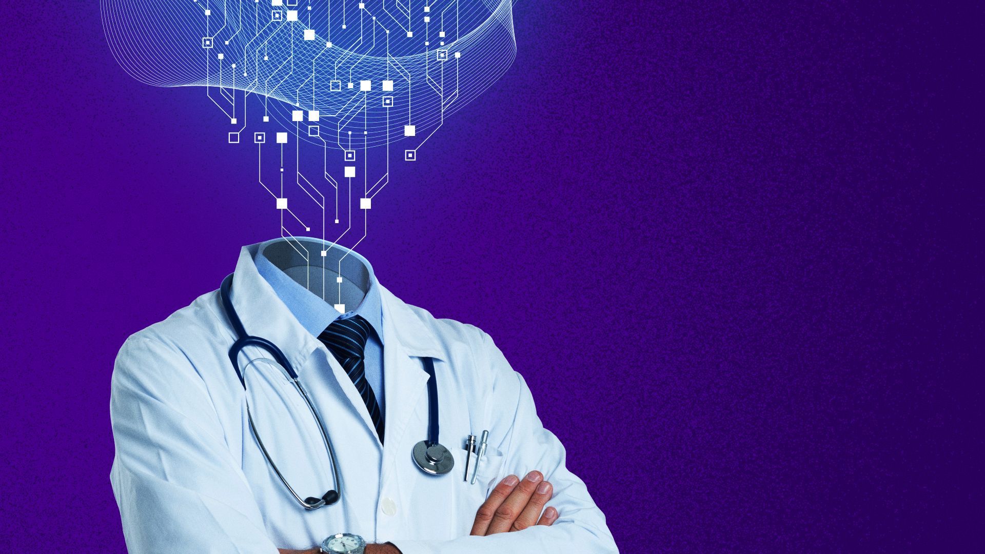 Illustration of AI elements coming out of a doctor's suit where their head should be.