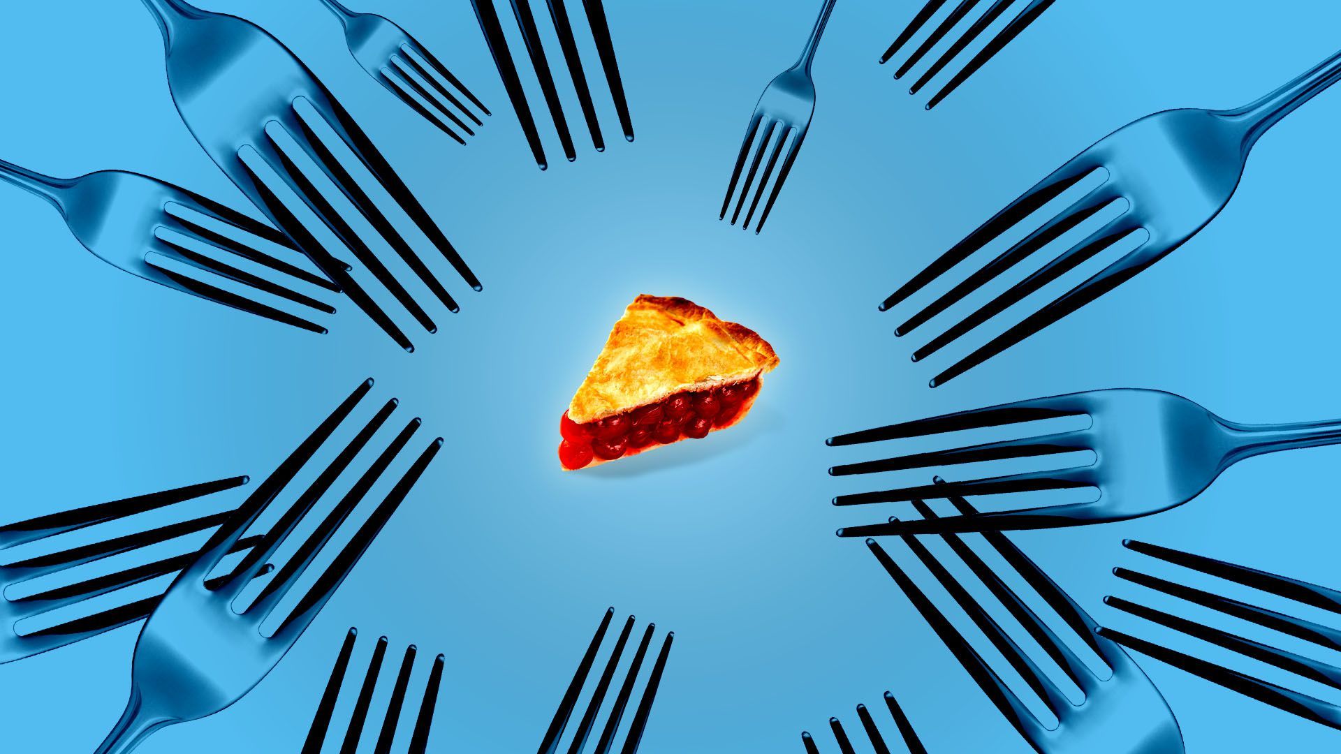 Illustration of a piece of pie with too many forks going for it