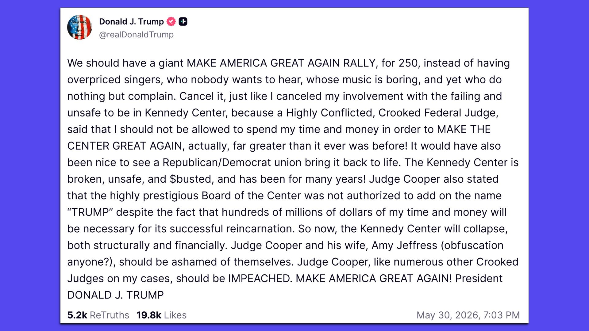 Screenshot of Trump Truth Social post 