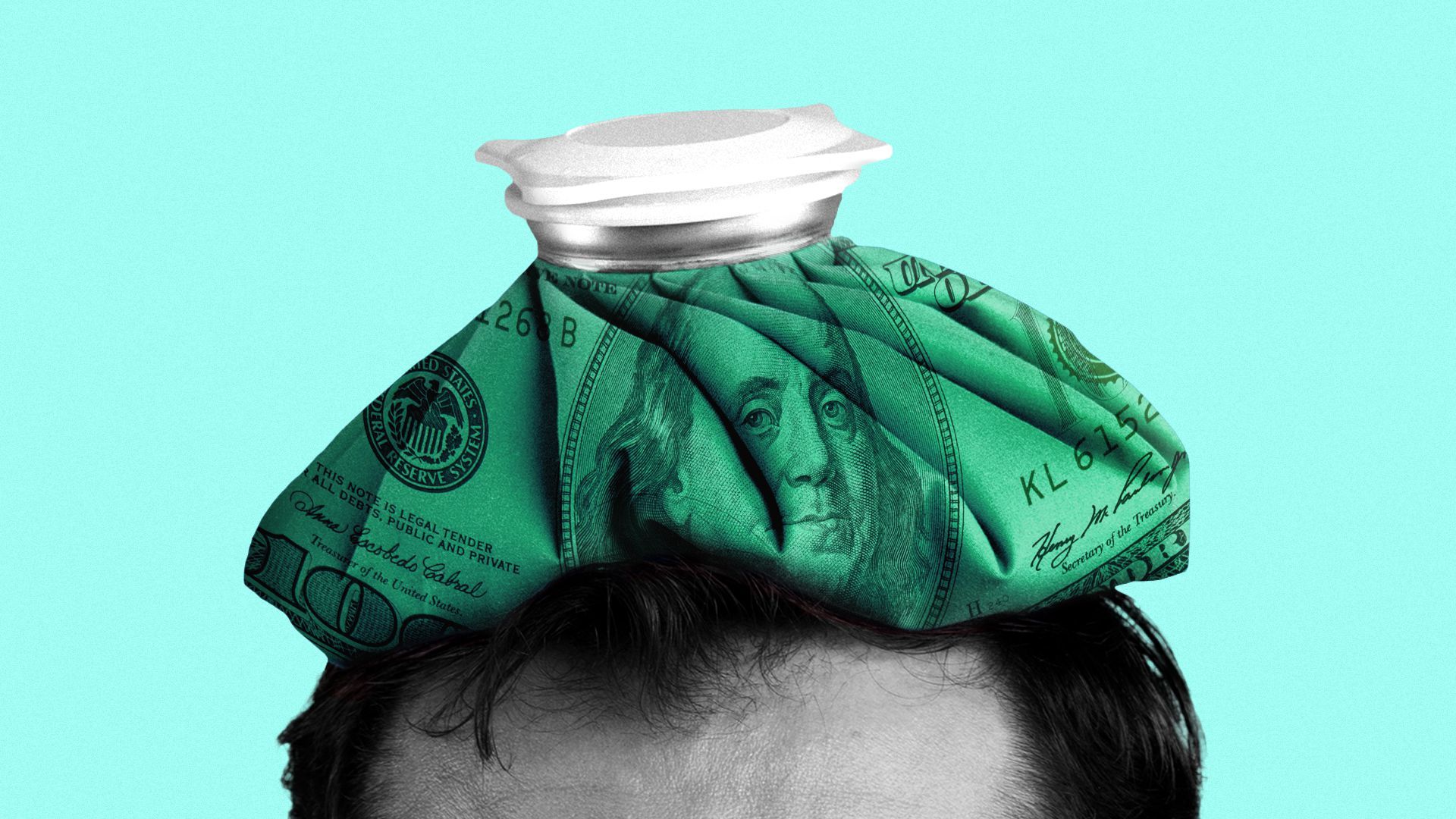 An ice pack made from a $100 bill on top of a person's head.