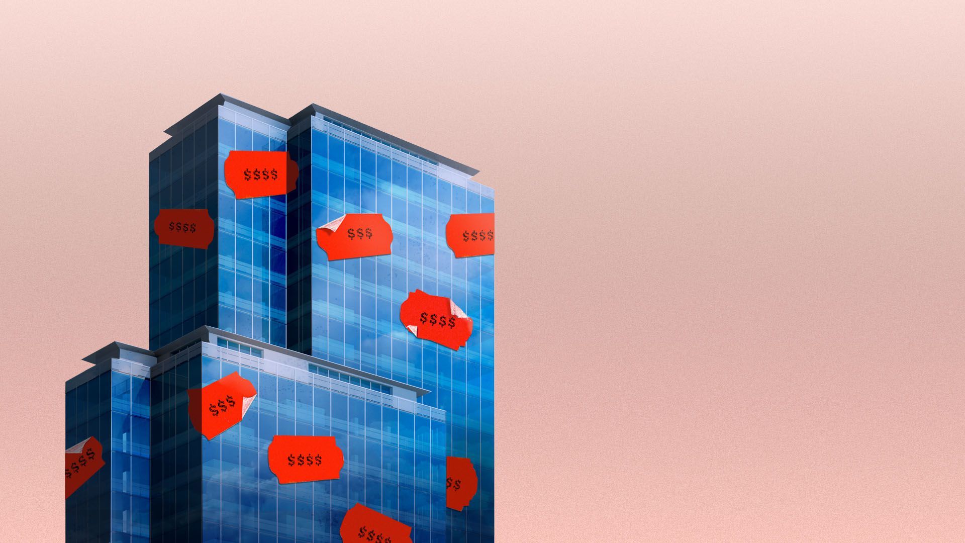 Illustration of a city building covered in stickers with dollar signs on them
