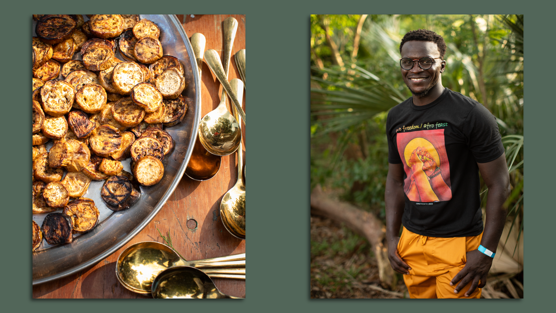A side-by-side image of cooked squash and a portrait picture of Serigne Mbaye.