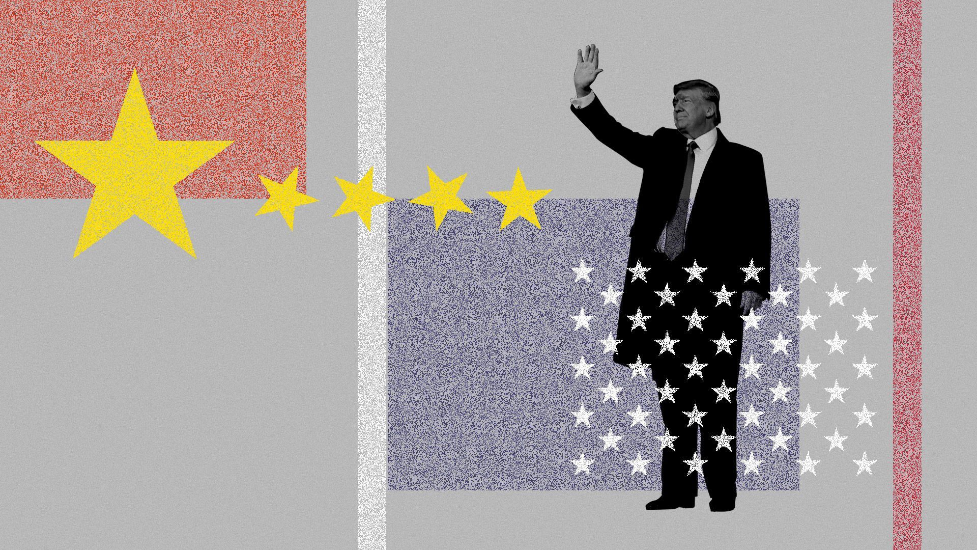 Donald Trump standing among deconstructed Chinese and American flags