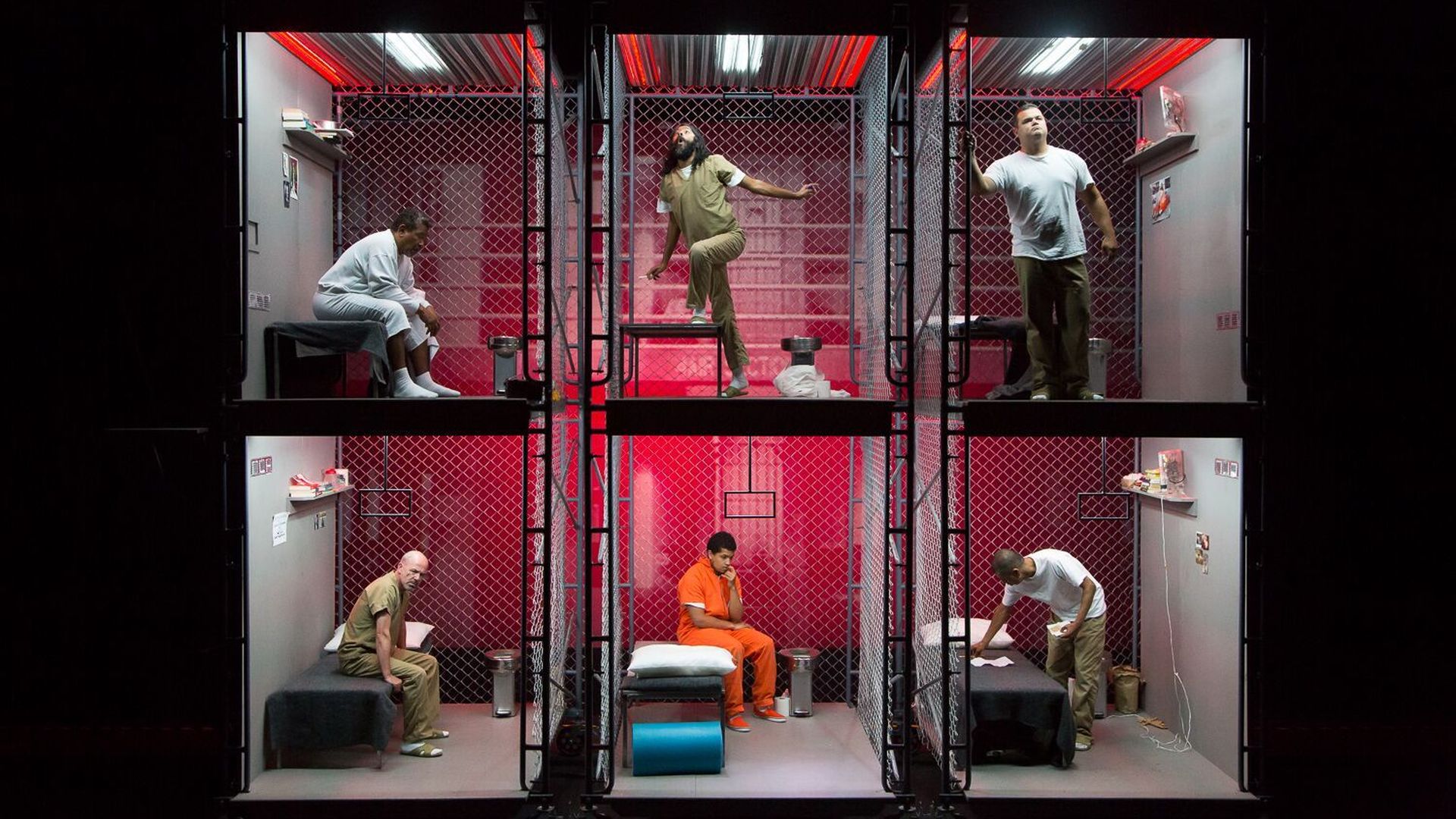 "The Bo" actors are shown in cells stacked on each other on stage.