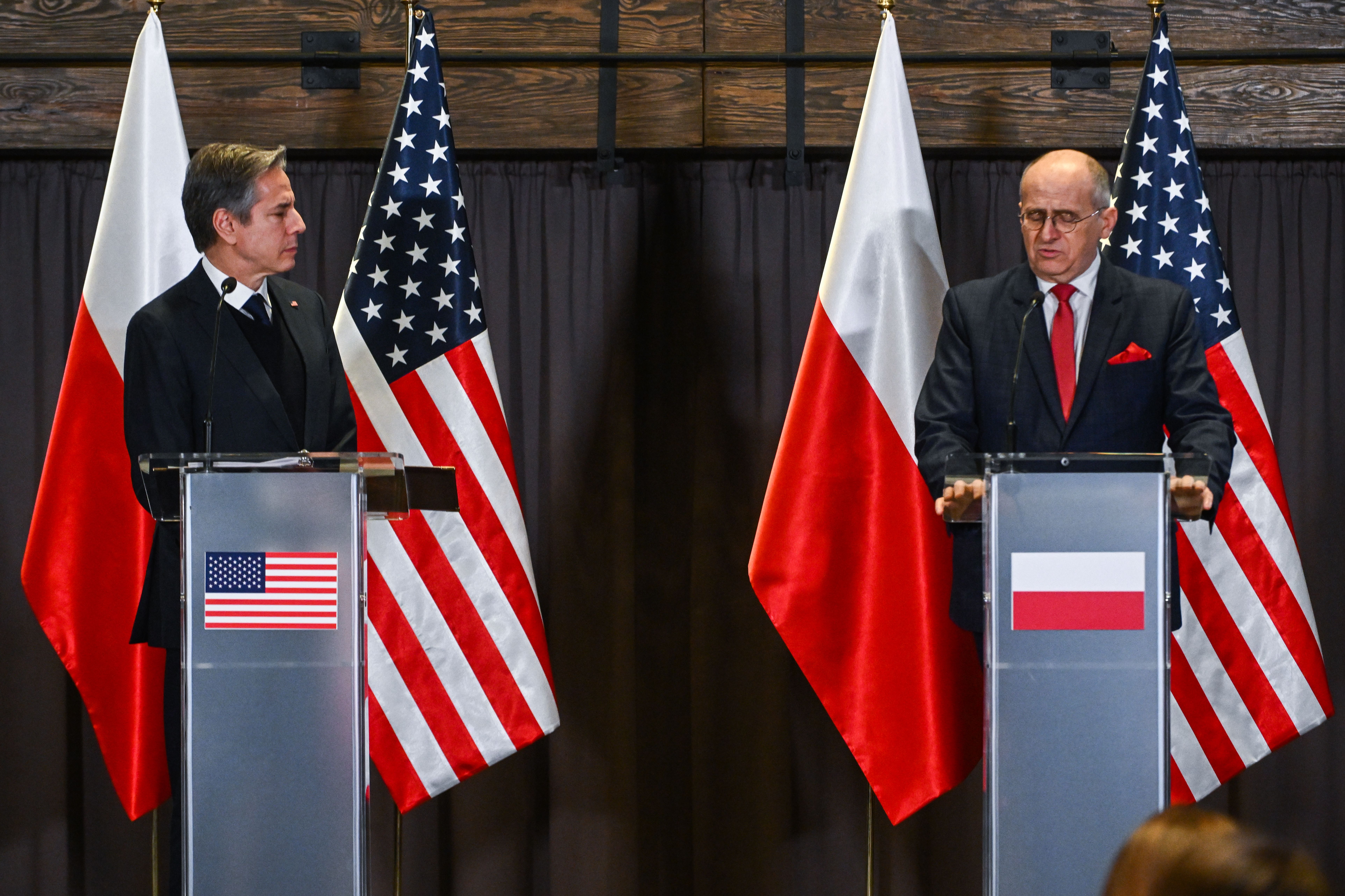 The United States Secretary of State, Antony Blinken (R) and Poland's Foreign Minister Zbigniew Rau (L) give a press statement at the Bristol Hotel on March 05, 2022 in Rzeszow, Poland