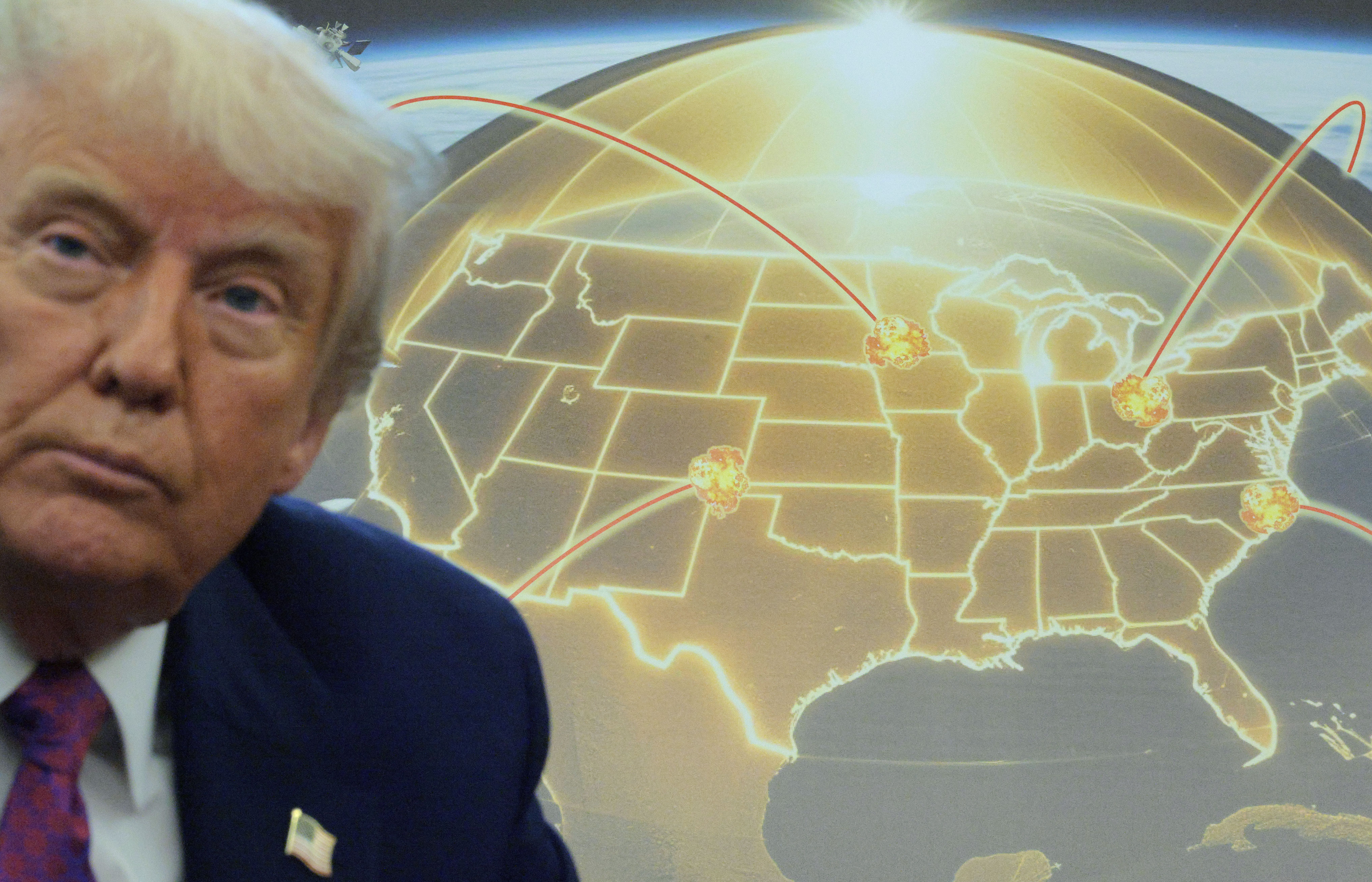President Donald Trump speaks in the Oval Office in front of a map displaying the proposed Golden Dome missile defense system.