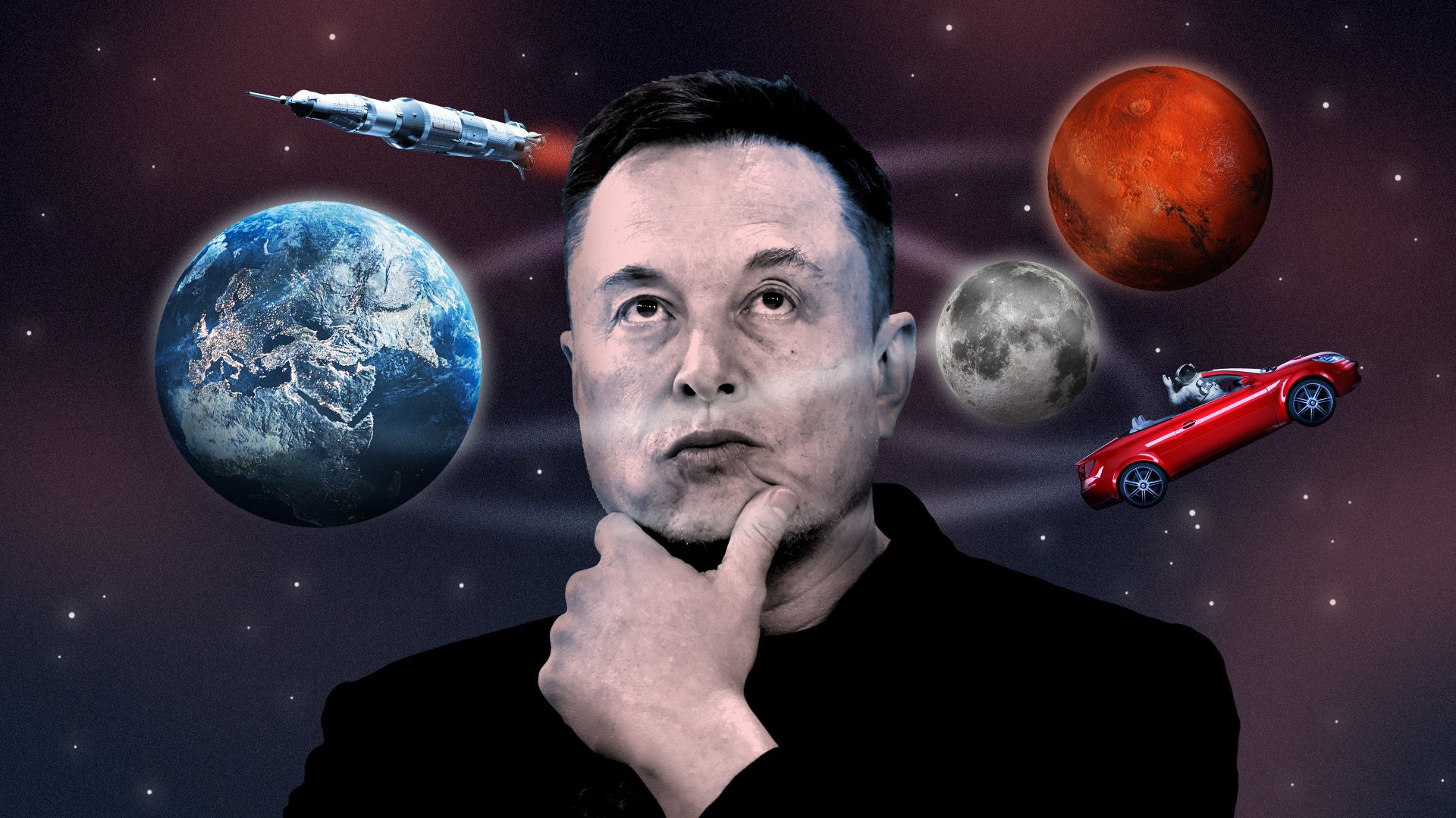 Photo illustration of Elon Musk in space with various planets, a rocket, and a car with an astronaut orbiting his head