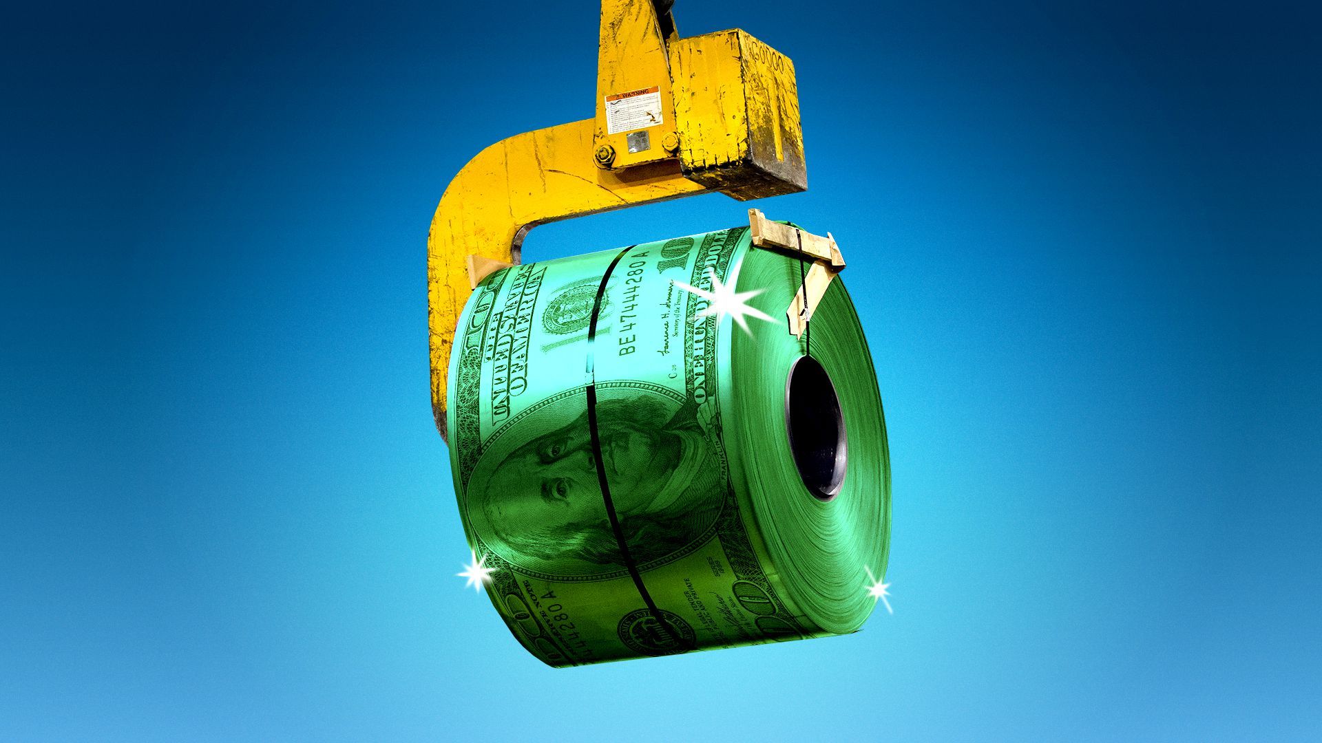 Illustration of a roll of green sheet steel resembling a roll of cash hanging from a crane