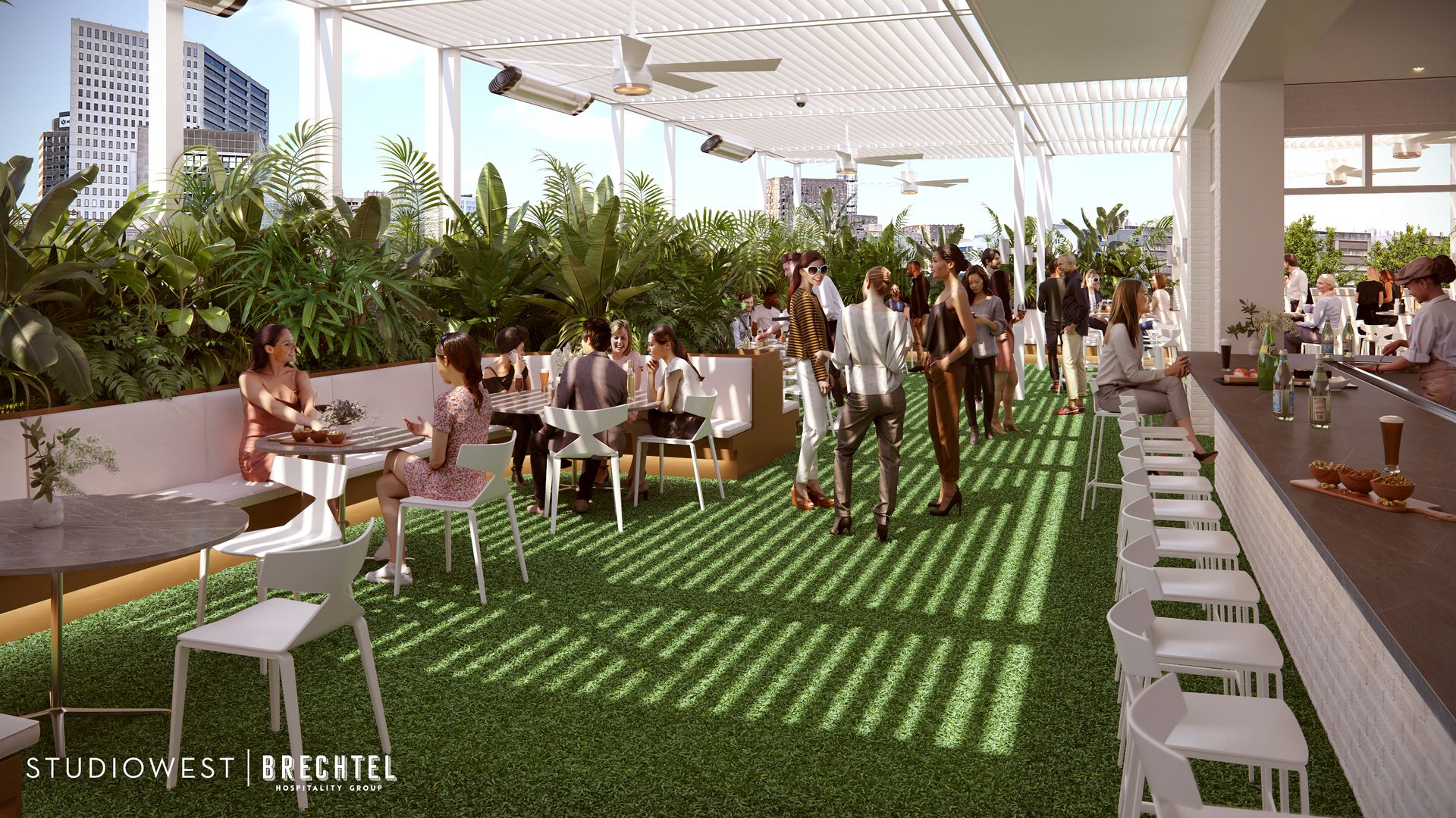 Image shows a rendering of a rooftop event space on Poydras. It appears to have astroturf flooring and a foliage-filled exterior wall.