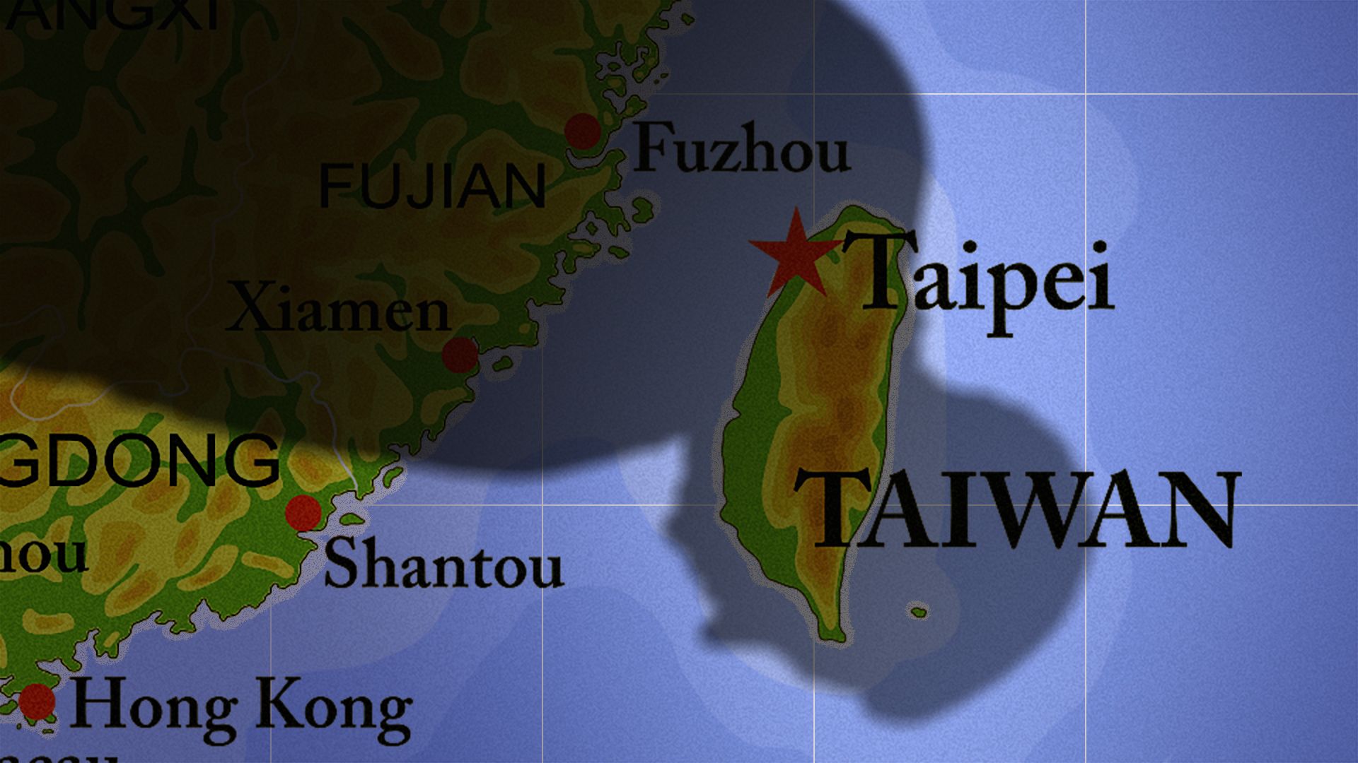 Illustration of a map of the coast of China and Taiwan, with a giant shadow of Xi Jinping looming over it.
