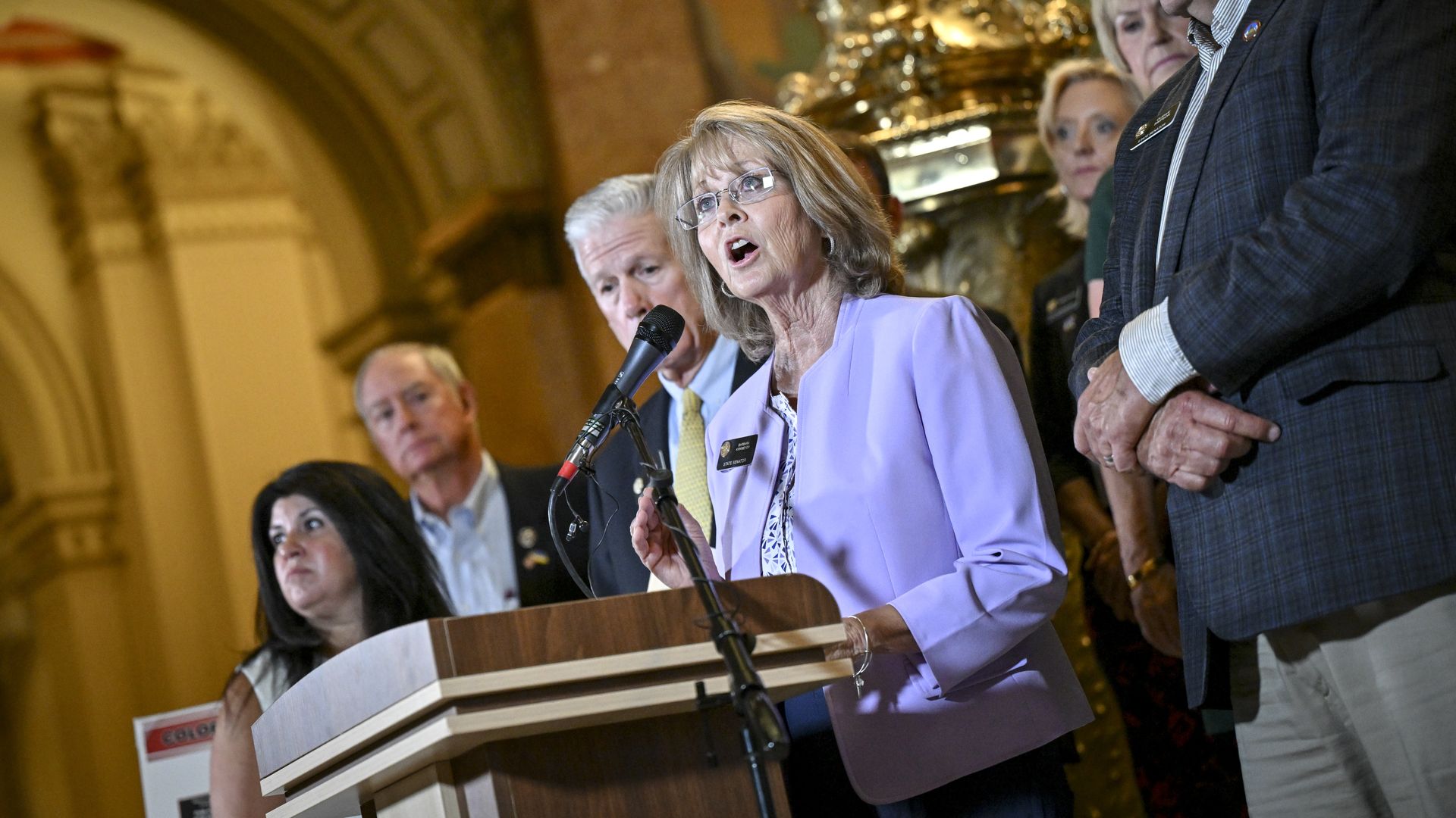 State Sen. Barbara Kirkmeyer speaks in the rotunda at the State Capitol in Denver on Aug. 21, 2025.