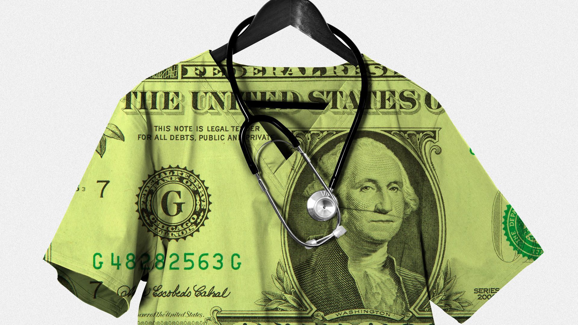 Illustration of scrubs on a hanger with a dollar bill overlay.