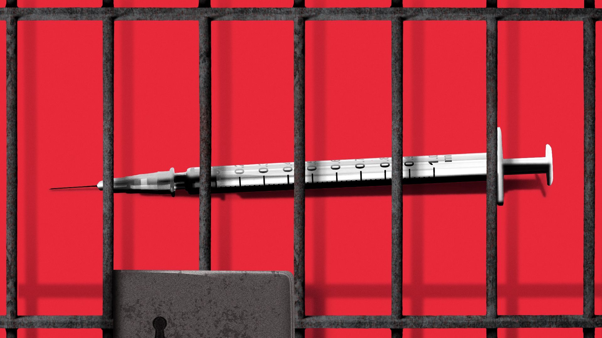 Illustration of a vaccine syringe behind bars