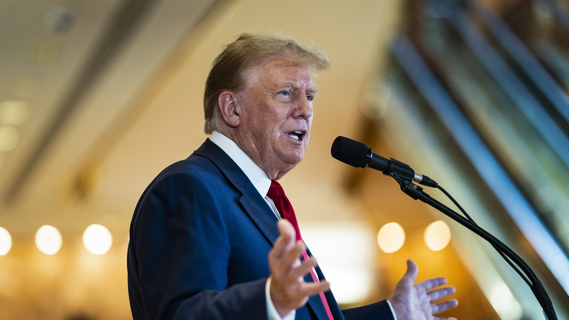 Former President Donald Trump speaks at a news conference from the lobby of Trump Tower the day after being found guilty on 34 felony counts of falsifying business records in the first degree at Manhattan Criminal Court, in New York, NY on Friday, May 31, 2024. Trump