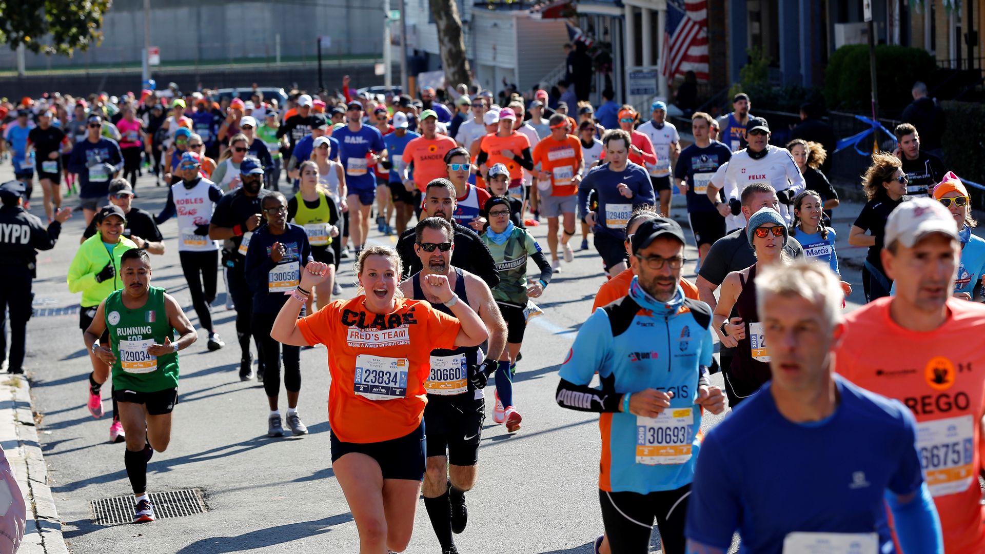 Participants run during the New York City Marathon in Manhattan