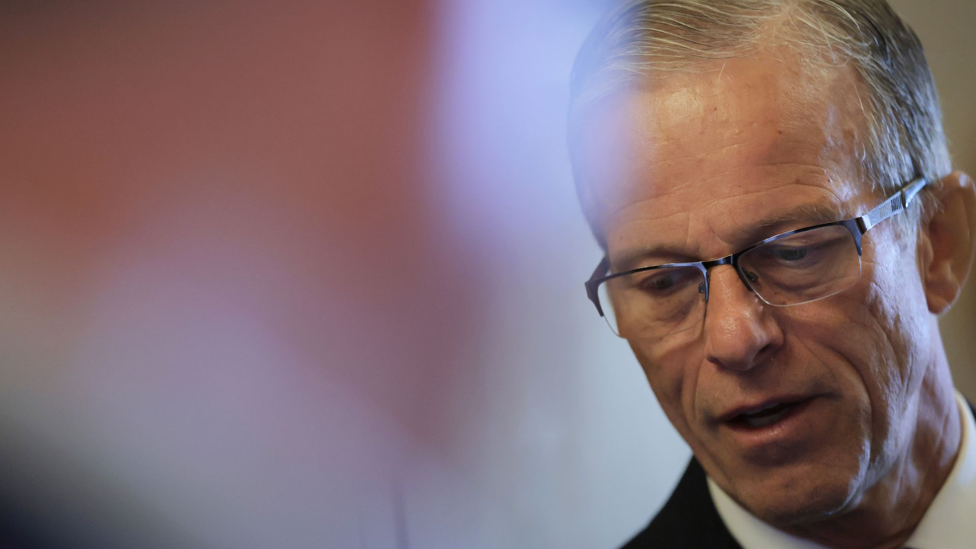 Senate Majority Leader John Thune (R-SD) speaks to reporters outside of his office in the U.S. Capitol Building