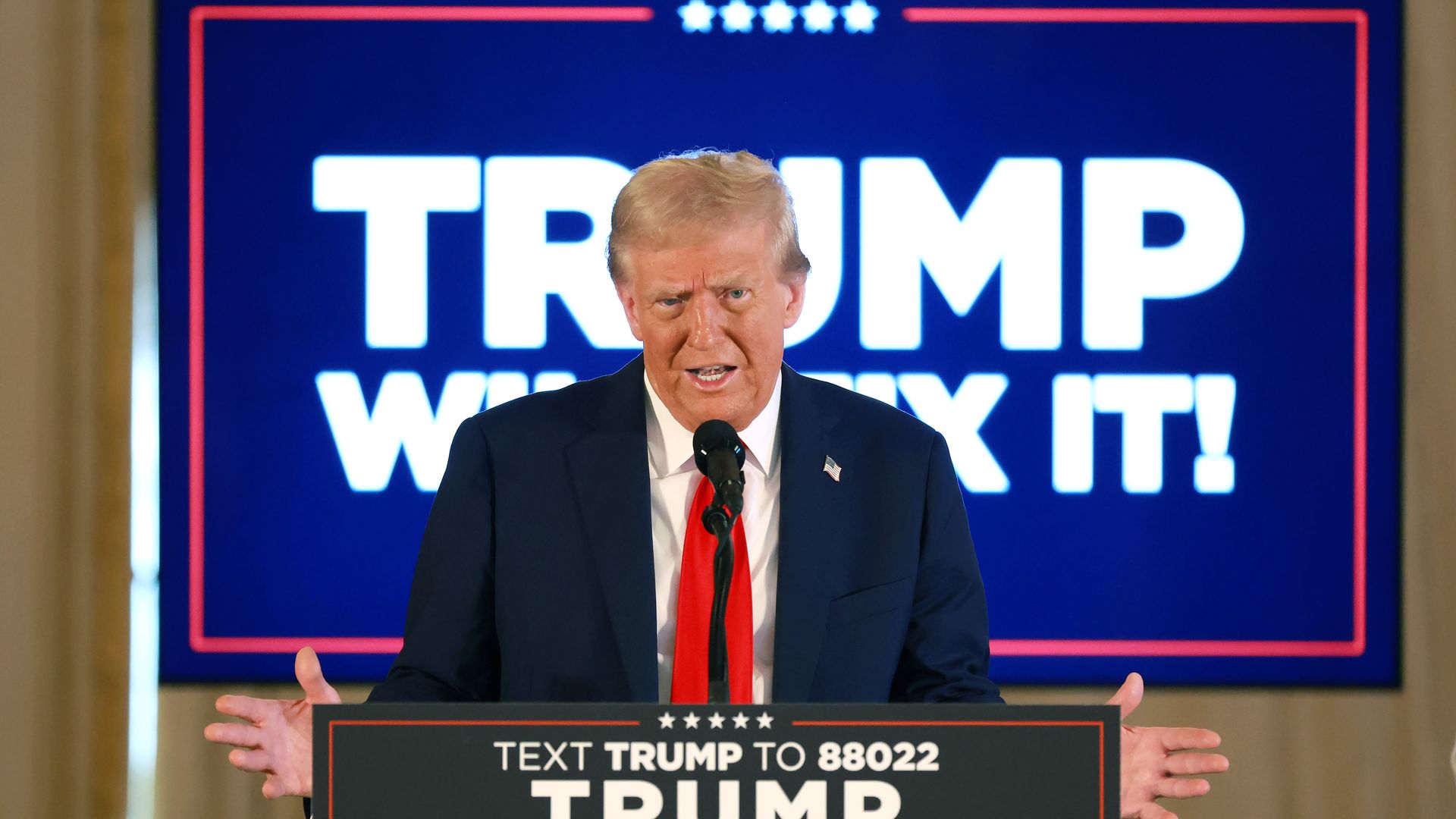 : Republican presidential nominee, former U.S. President Donald Trump speaks during a press conference in the ballroom of the Mar-a-Lago Club on October 29, 2024 in Palm Beach, Florida. 