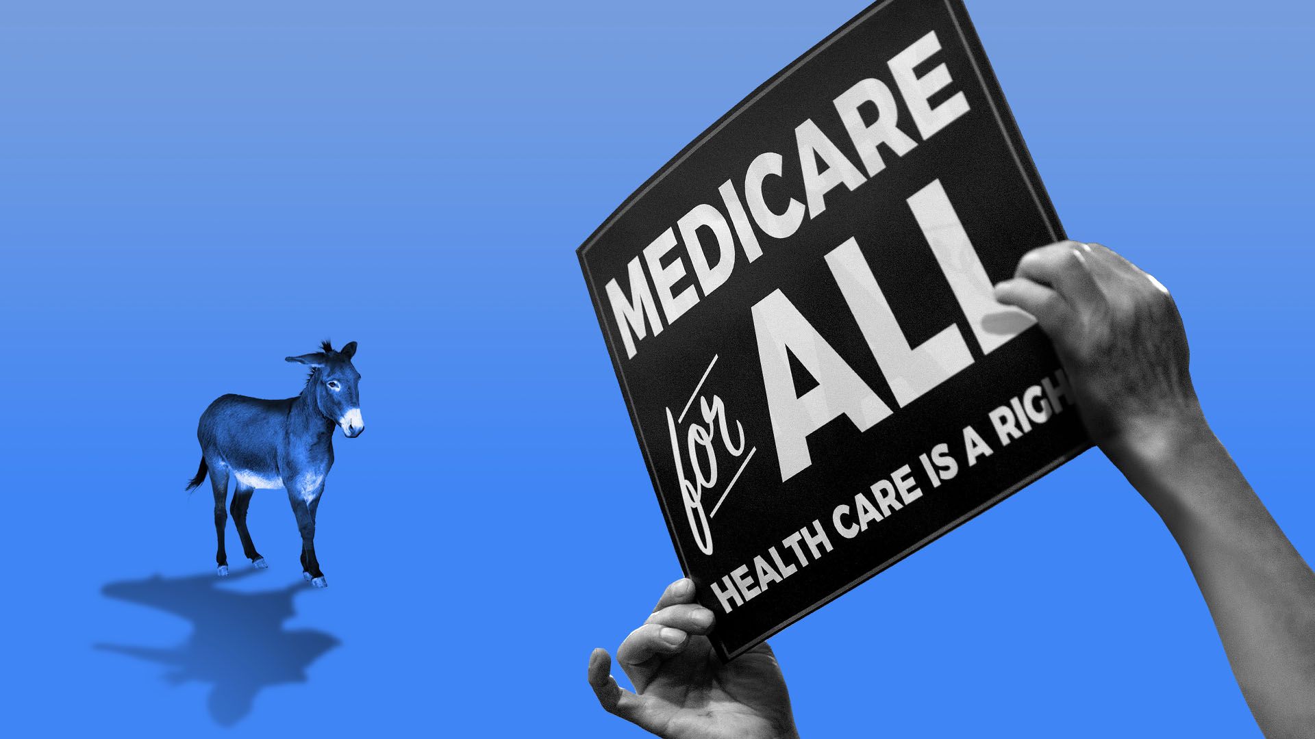 Illustration of a small donkey faced with a giant Medicare-for-all protester