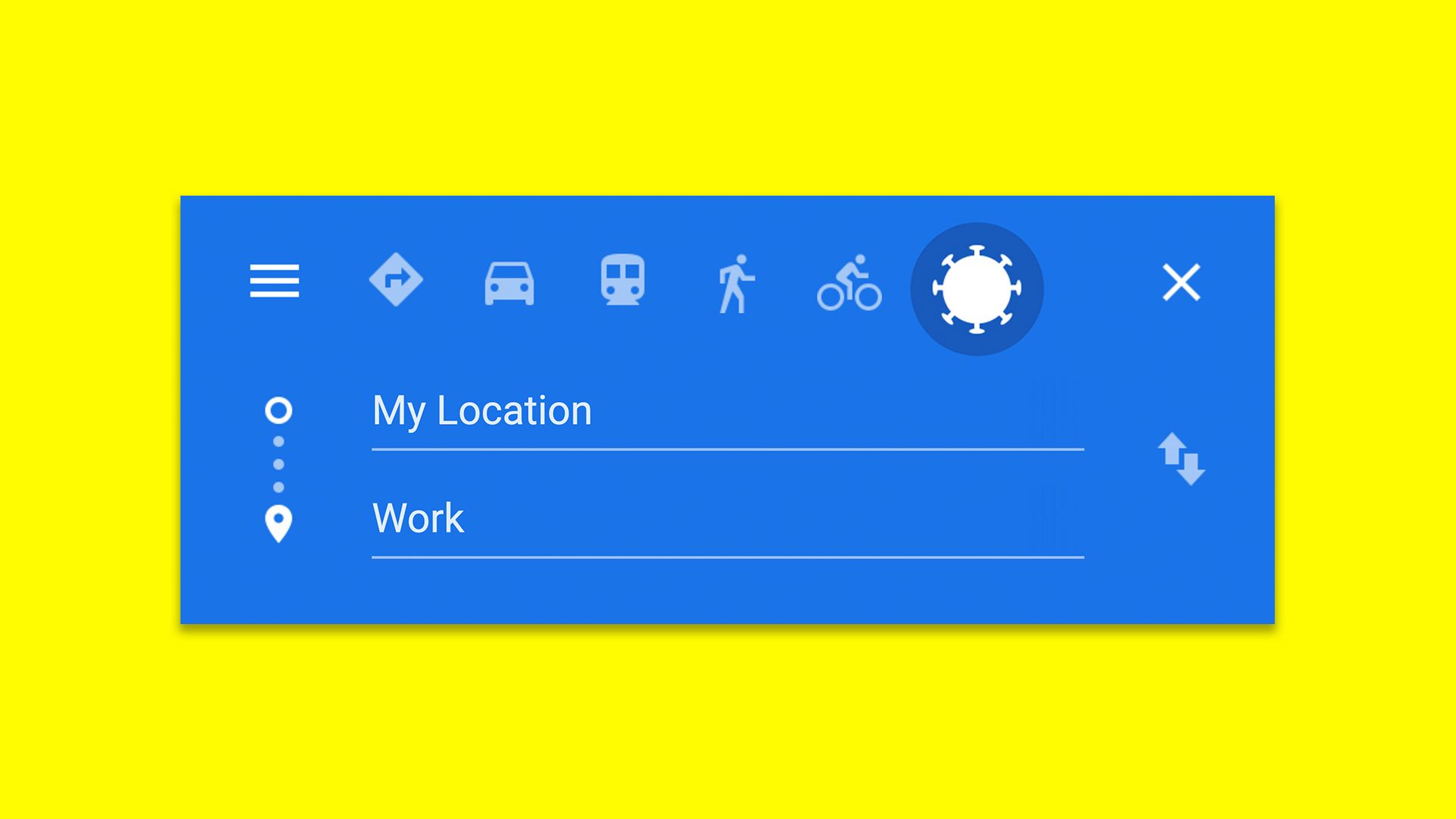 Illustration of the Google directions dashboard with a coronavirus cell highlighted as the mode of transportation.