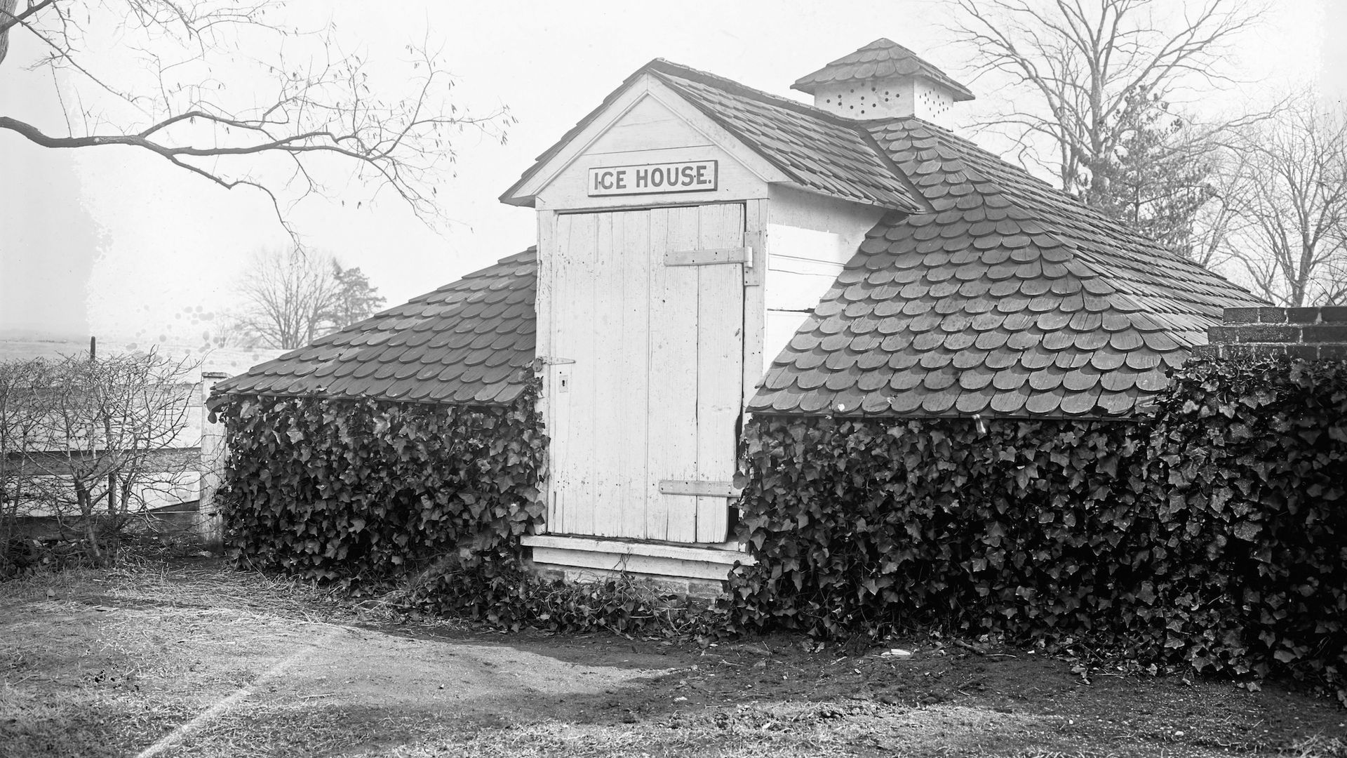 A black and white photo of the ice house at Mount Vernon