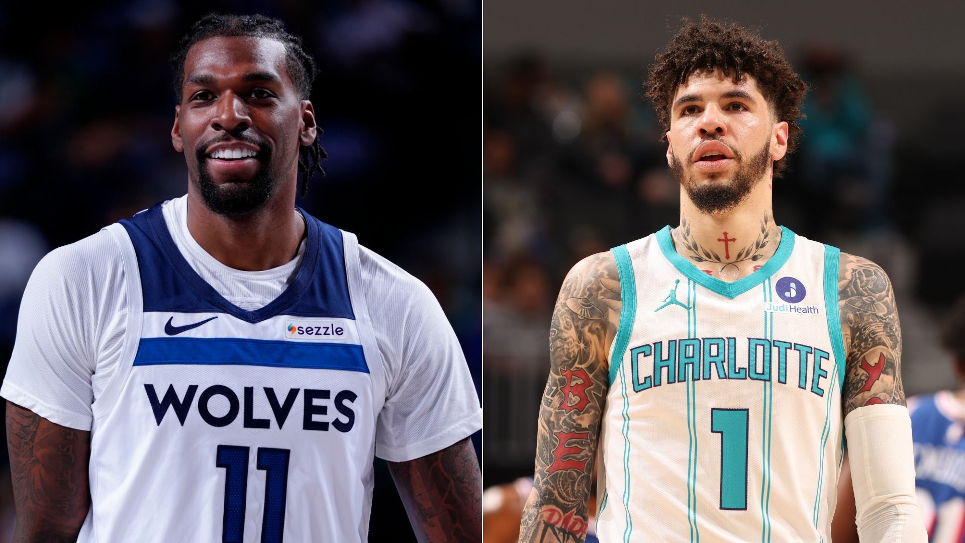 Split image of two basketball players: left in a Minnesota Timberwolves white/blue jersey smiling; right in a Charlotte Hornets white/teal jersey with tattoos, looking upward, blurred crowd behind.