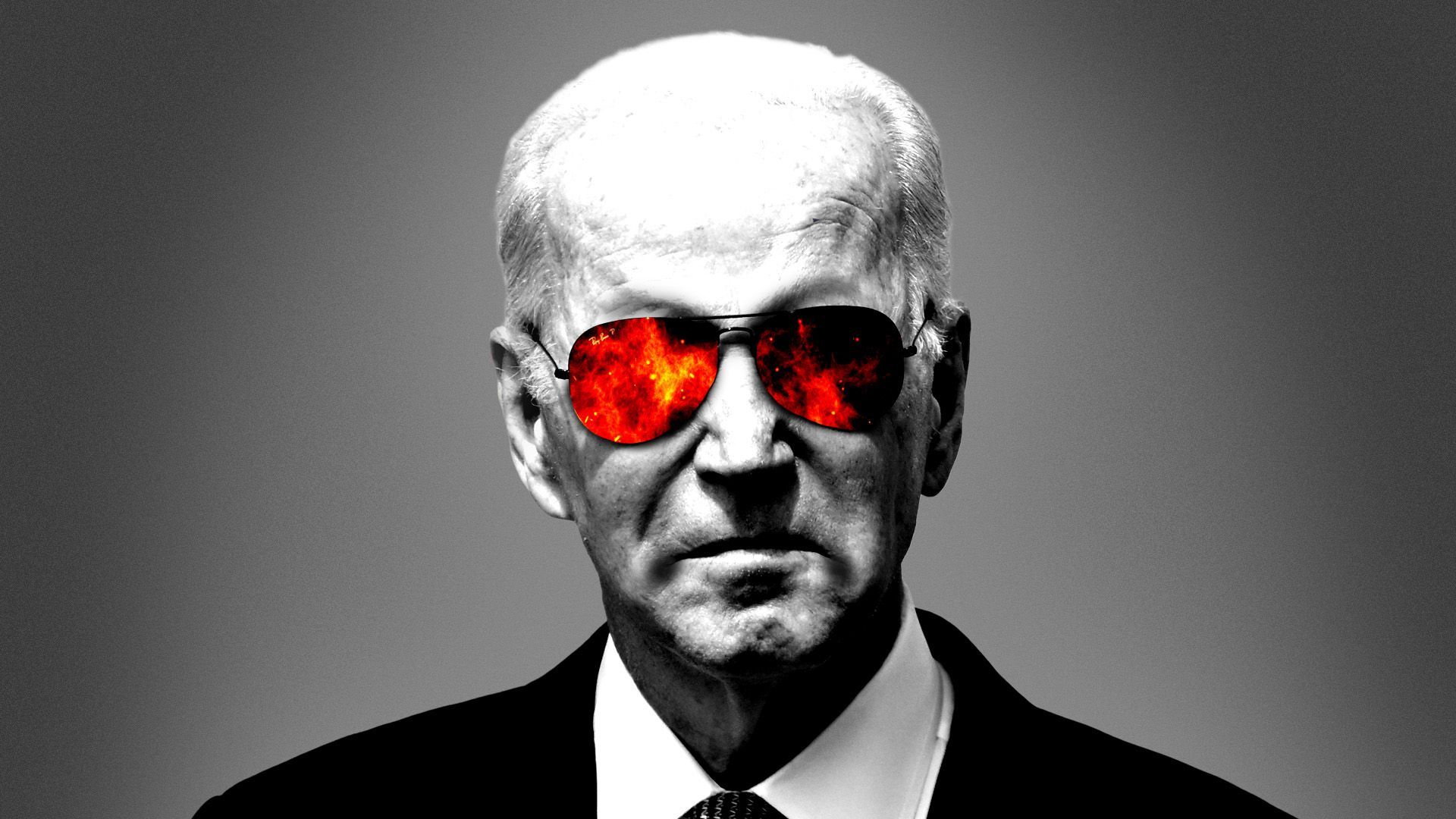 Photo illustration of an angry-looking President Biden wearing sunglasses reflecting flames