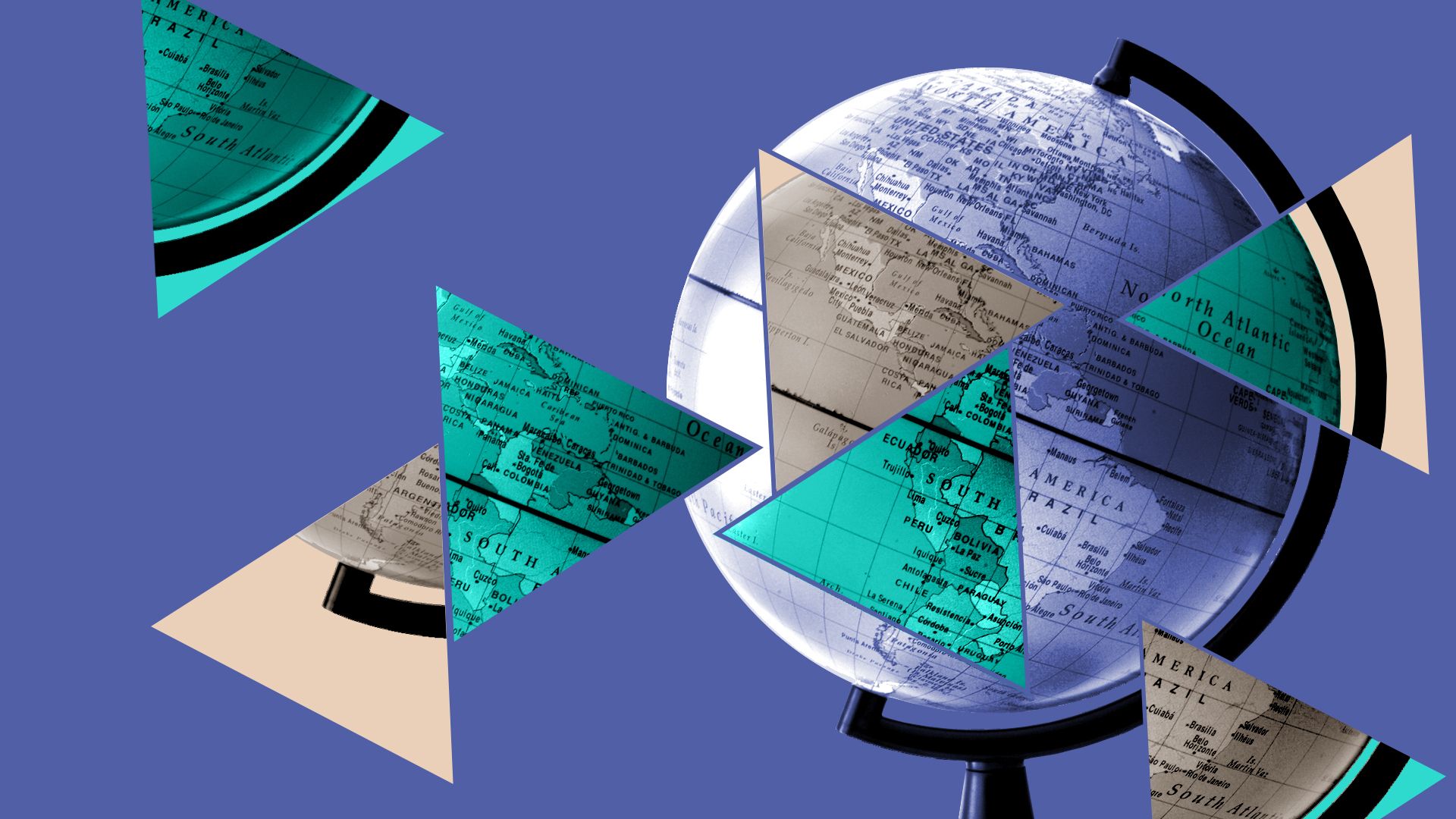 Illustrated collage of globe and triangle pattern