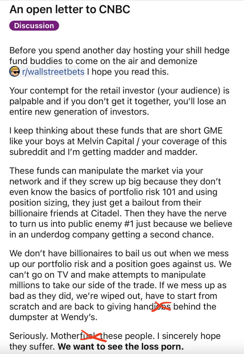 Screenshot of an post from administrators of r/wallstreetbets.