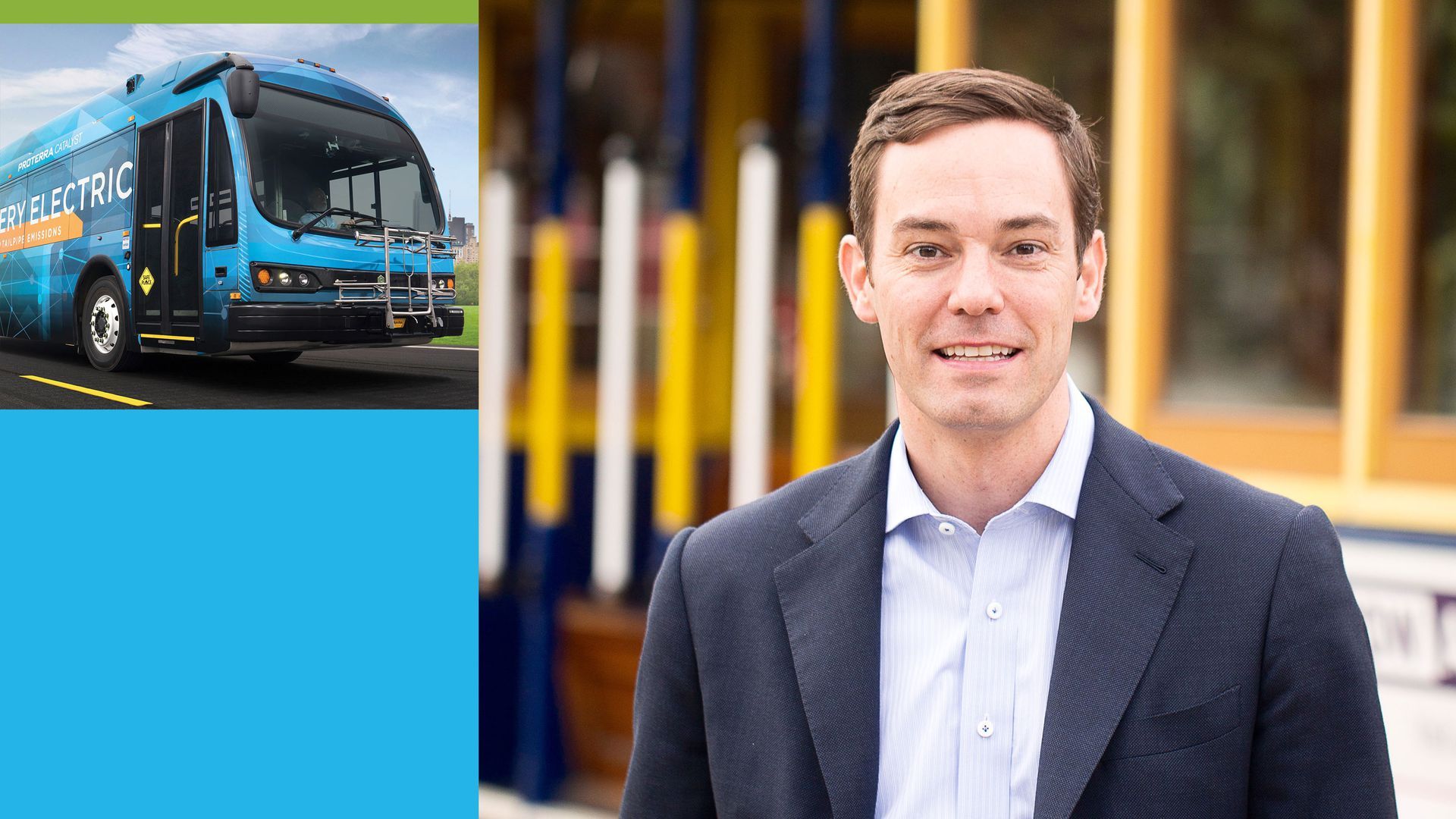 Illustration with photo of Proterra president and a bus