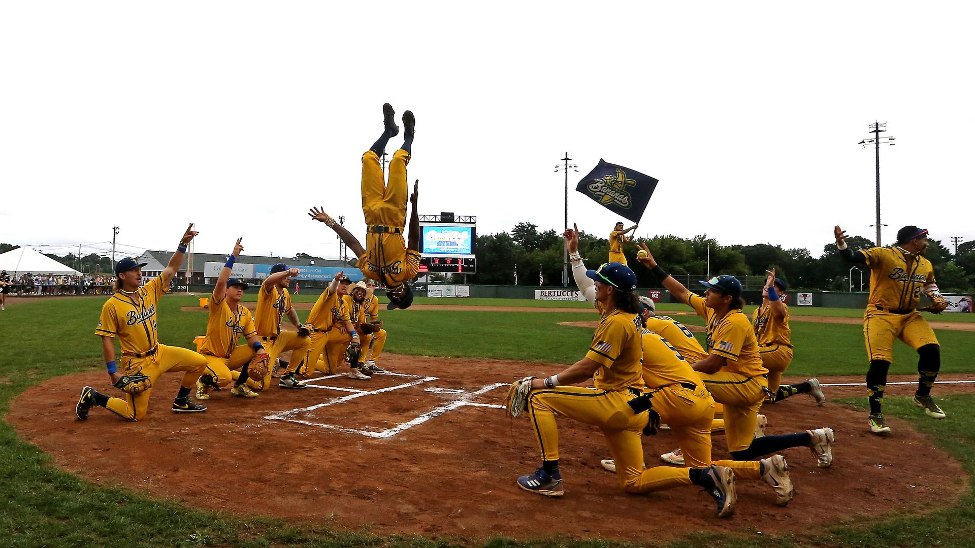 A group of baseball players kneeling in yellow at home plate with one doing a backflip