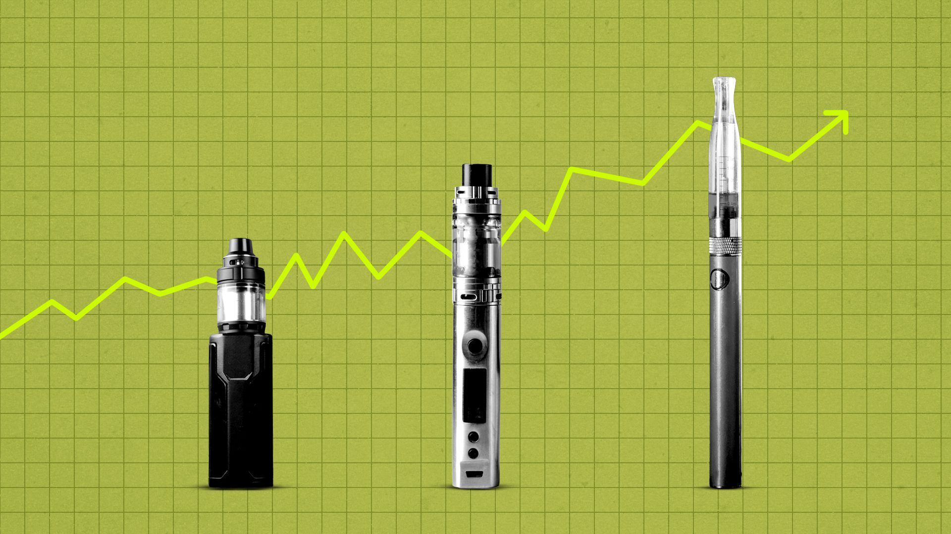 Illustration of three vape pens in front of an upward trending graph.
