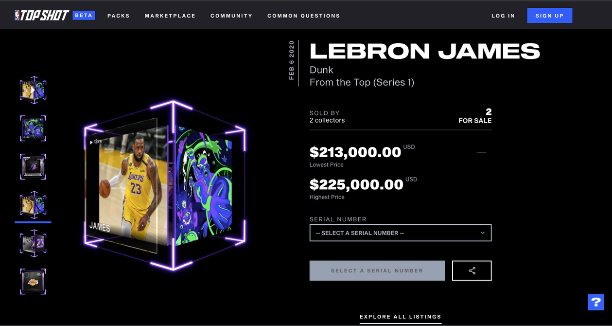 A February highlight of LeBron James dunking sold for over $200,000. Courtesy: NBA Top Shot